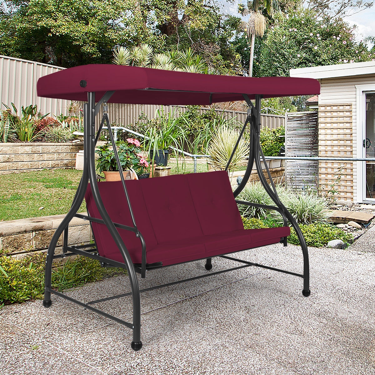 3 Seats Converting Outdoor Swing Canopy Hammock with Adjustable Tilt Canopy-Wine Kids Crystal