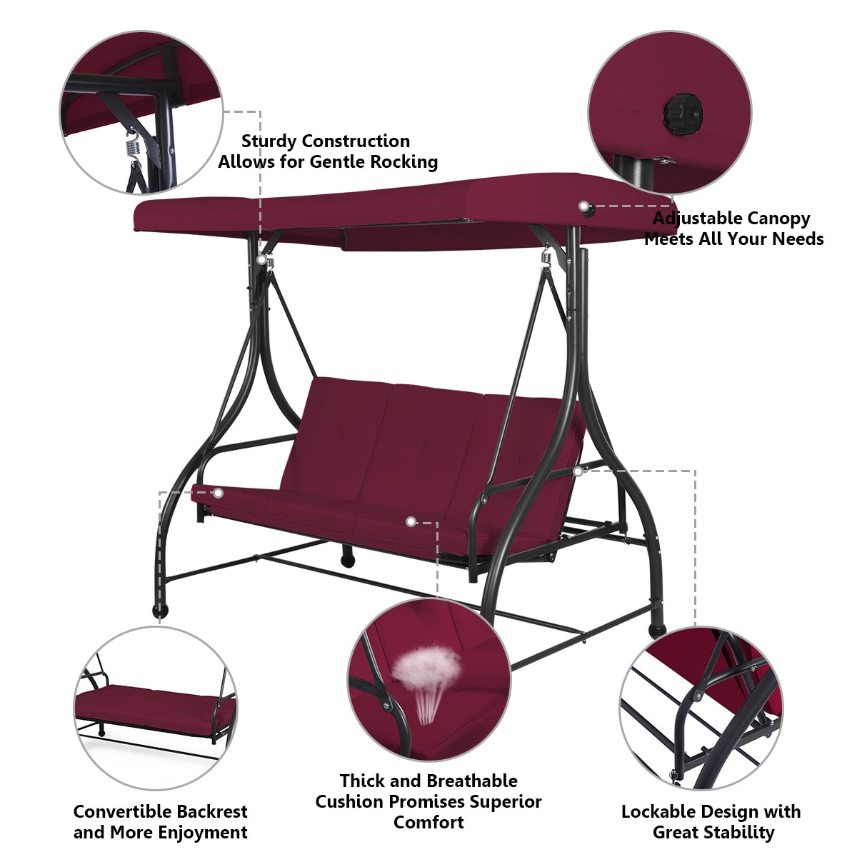 3 Seats Converting Outdoor Swing Canopy Hammock with Adjustable Tilt Canopy-Wine Kids Crystal