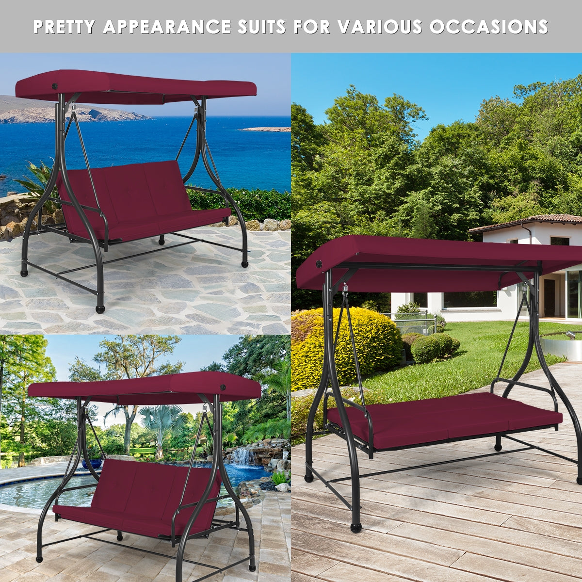 3 Seats Converting Outdoor Swing Canopy Hammock with Adjustable Tilt Canopy-Wine Kids Crystal