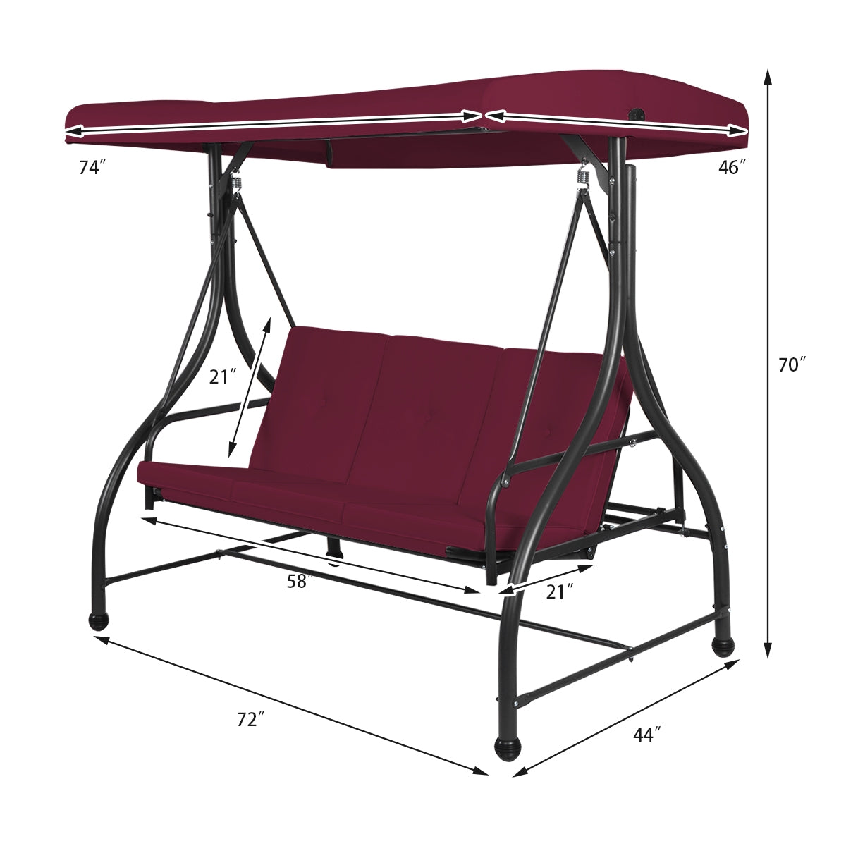 3 Seats Converting Outdoor Swing Canopy Hammock with Adjustable Tilt Canopy-Wine Kids Crystal
