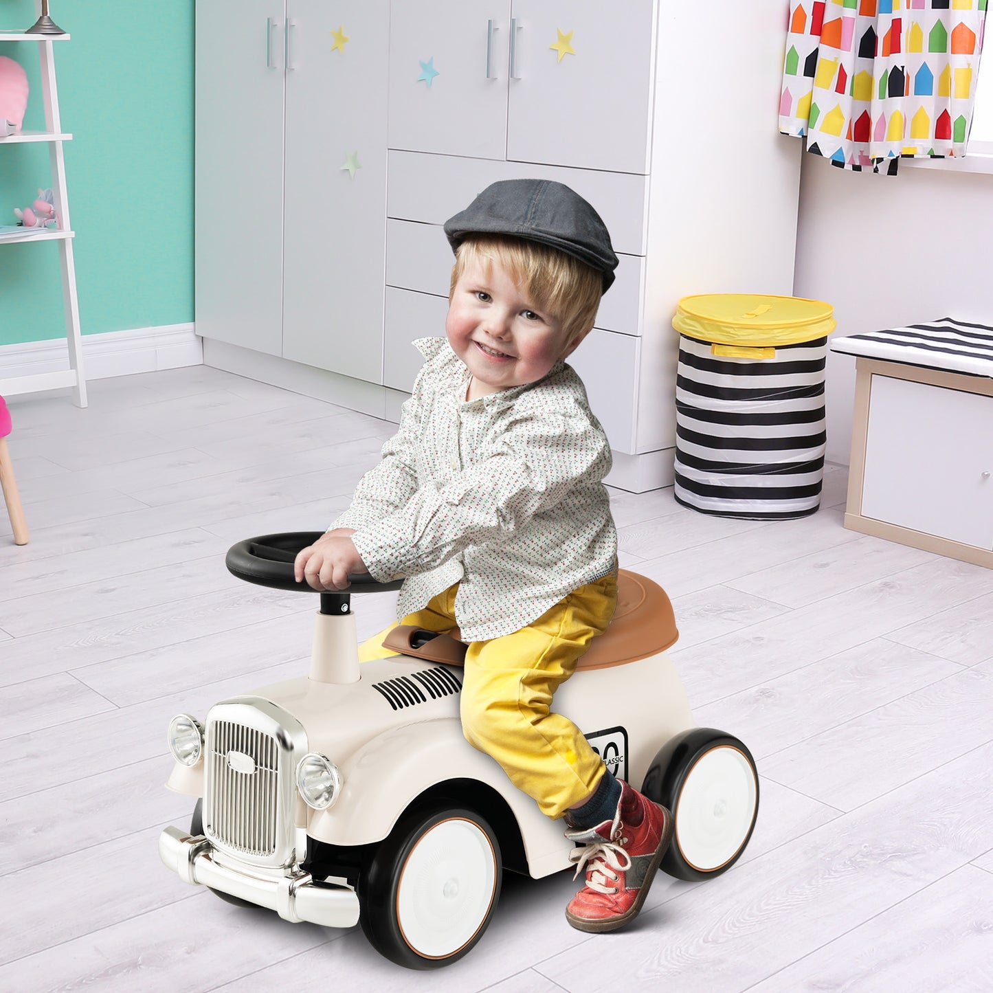 Kids Sit to Stand Vehicle with Working Steering Wheel and Under Seat Storage-White Kids Crystal