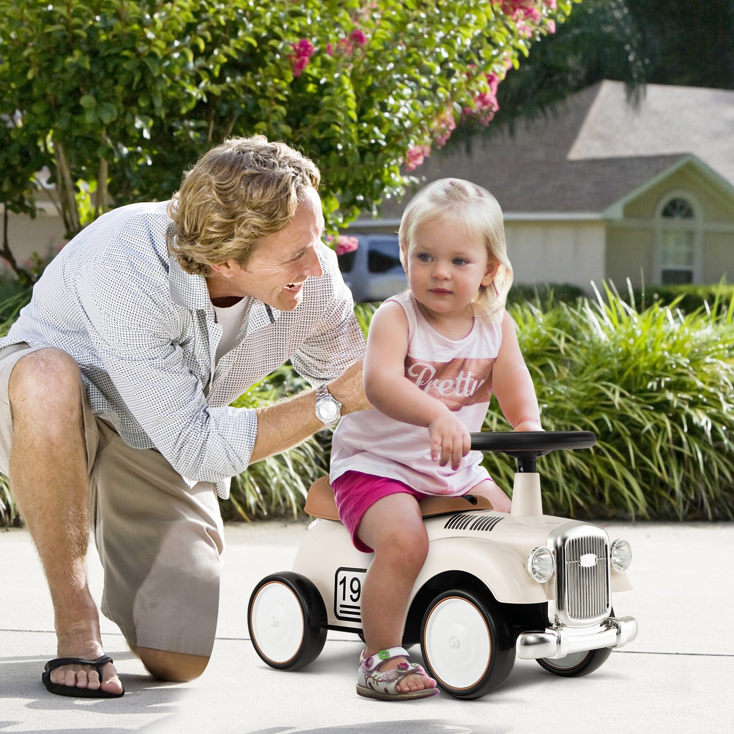 Kids Sit to Stand Vehicle with Working Steering Wheel and Under Seat Storage-White Kids Crystal