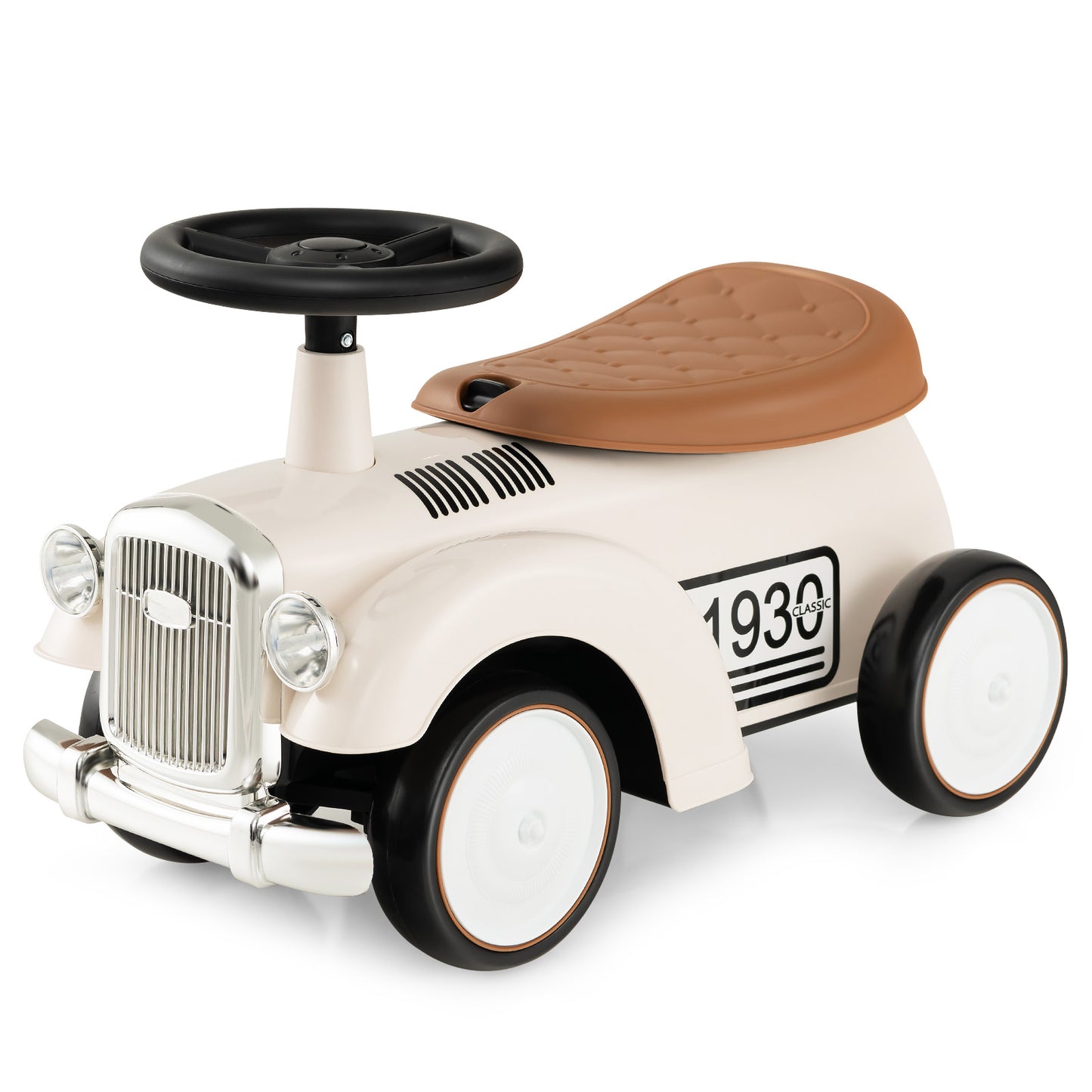 Kids Sit to Stand Vehicle with Working Steering Wheel and Under Seat Storage-White Kids Crystal