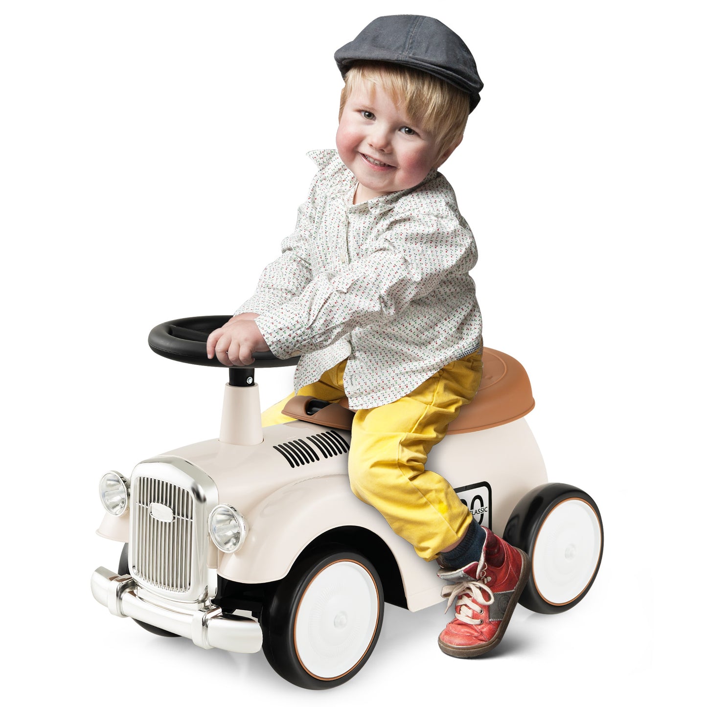 Kids Sit to Stand Vehicle with Working Steering Wheel and Under Seat Storage-White Kids Crystal
