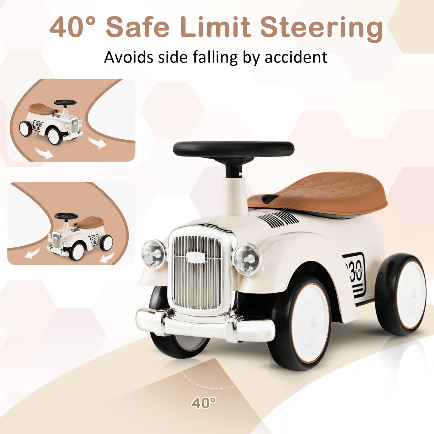 Kids Sit to Stand Vehicle with Working Steering Wheel and Under Seat Storage-White Kids Crystal
