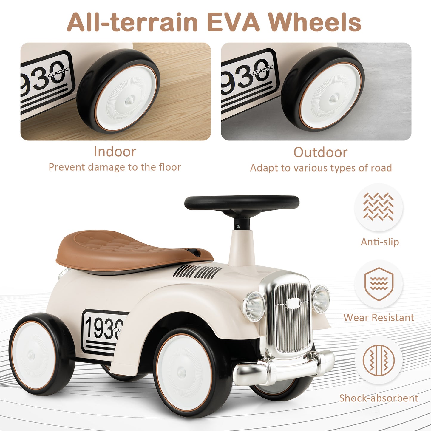 Kids Sit to Stand Vehicle with Working Steering Wheel and Under Seat Storage-White Kids Crystal