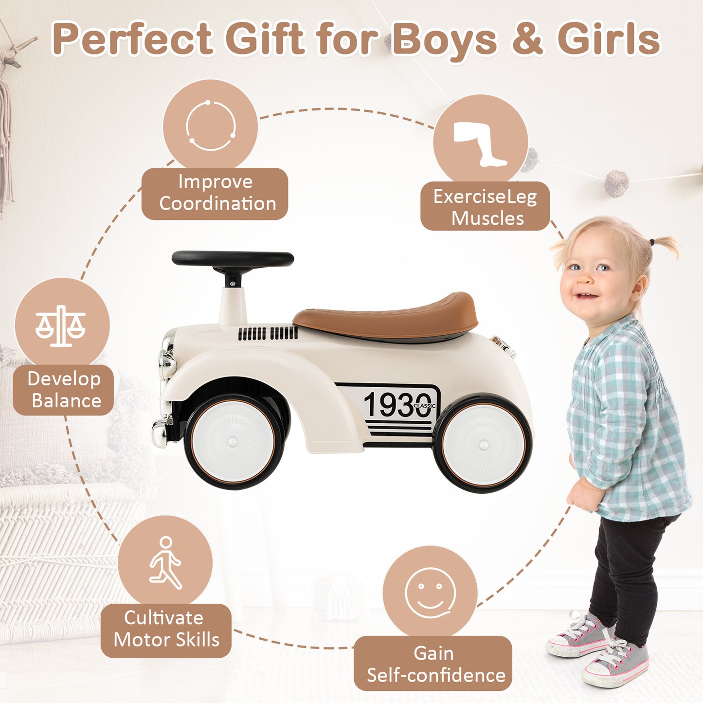 Kids Sit to Stand Vehicle with Working Steering Wheel and Under Seat Storage-White Kids Crystal