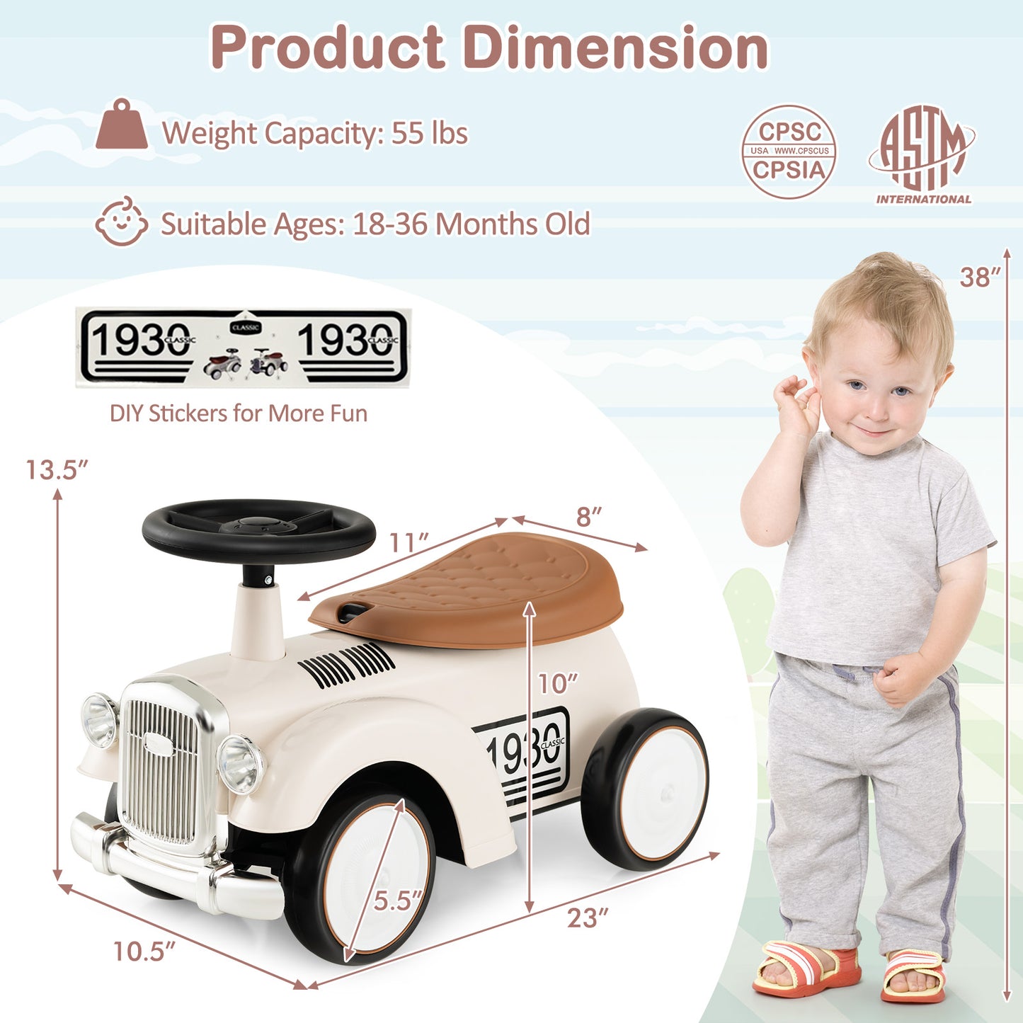 Kids Sit to Stand Vehicle with Working Steering Wheel and Under Seat Storage-White Kids Crystal
