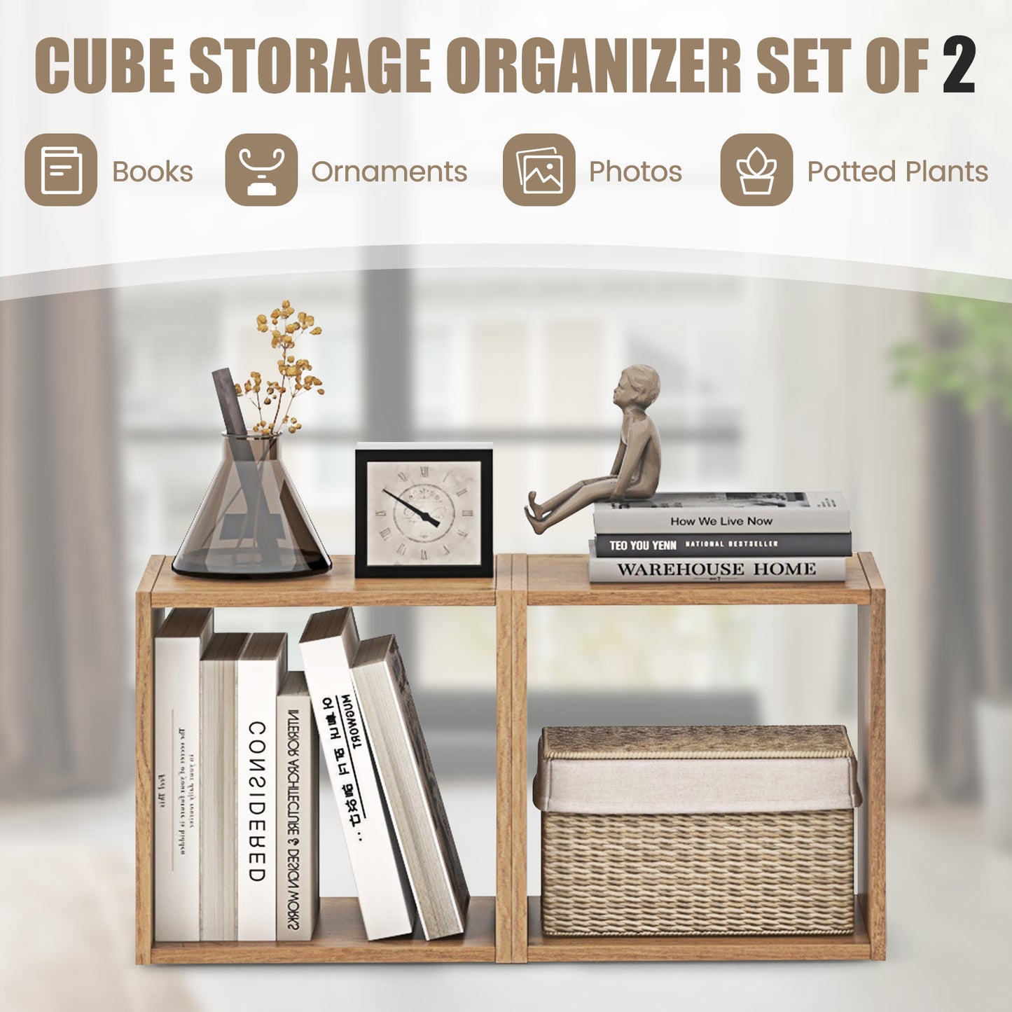 2 Cubes Stackable Bookcase for Living Room and Study-Natural Kids Crystal