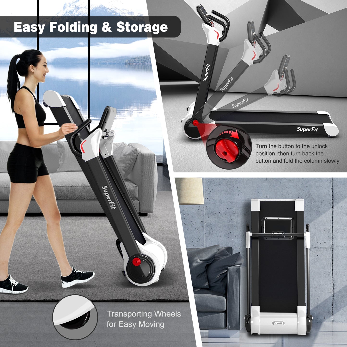 2.25 HP Electric Motorized Folding Running Treadmill Machine with LED Display and APP Control-White Kids Crystal
