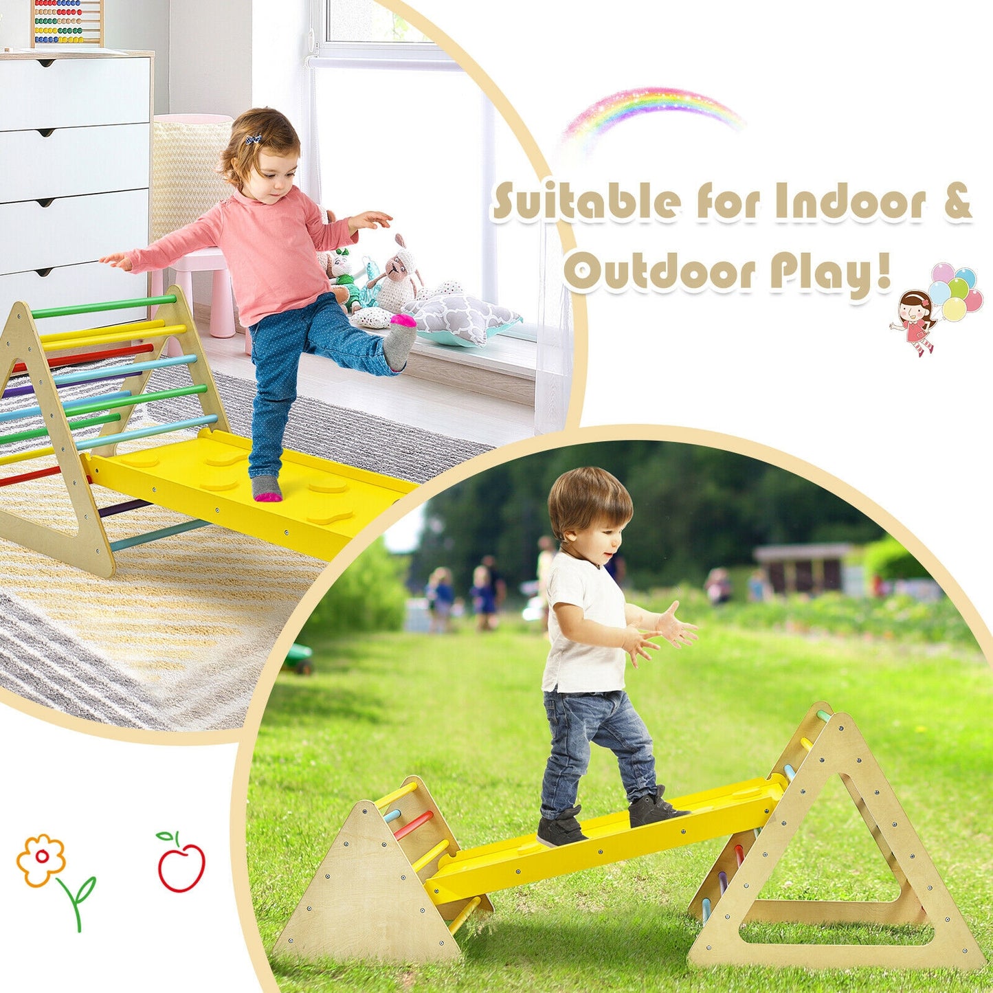 3 in 1 Wooden Set of 2 Triangle Climber with Ramp for Slid Kids Crystal