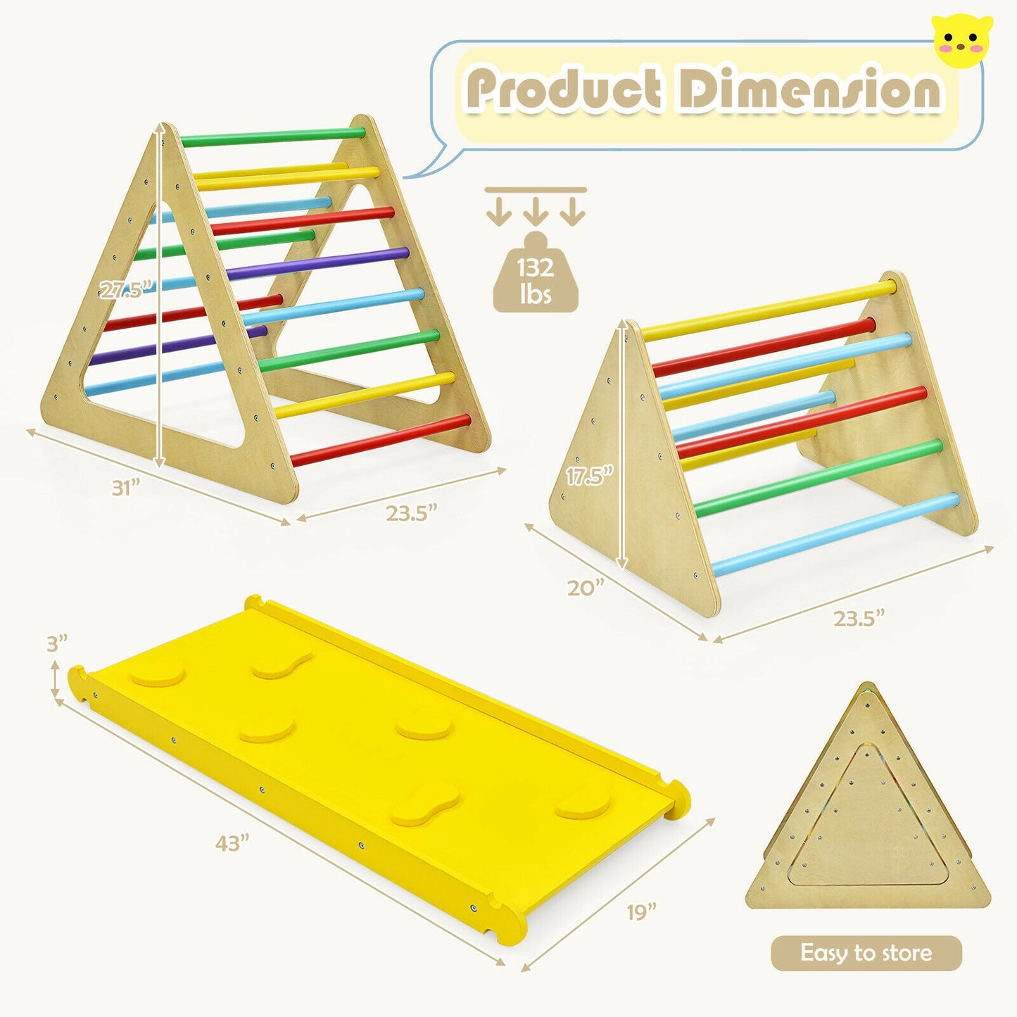 3 in 1 Wooden Set of 2 Triangle Climber with Ramp for Slid Kids Crystal