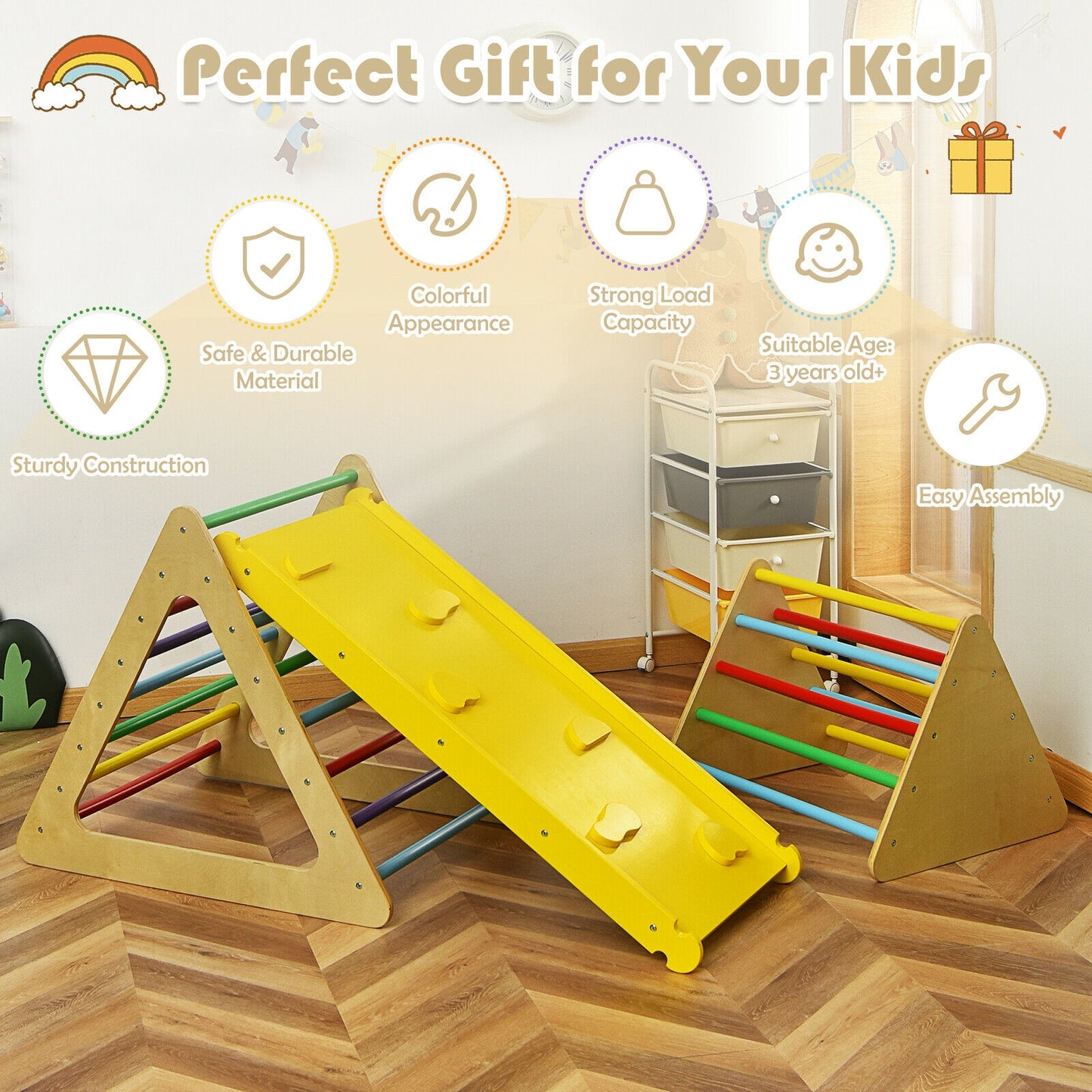 3 in 1 Wooden Set of 2 Triangle Climber with Ramp for Slid Kids Crystal