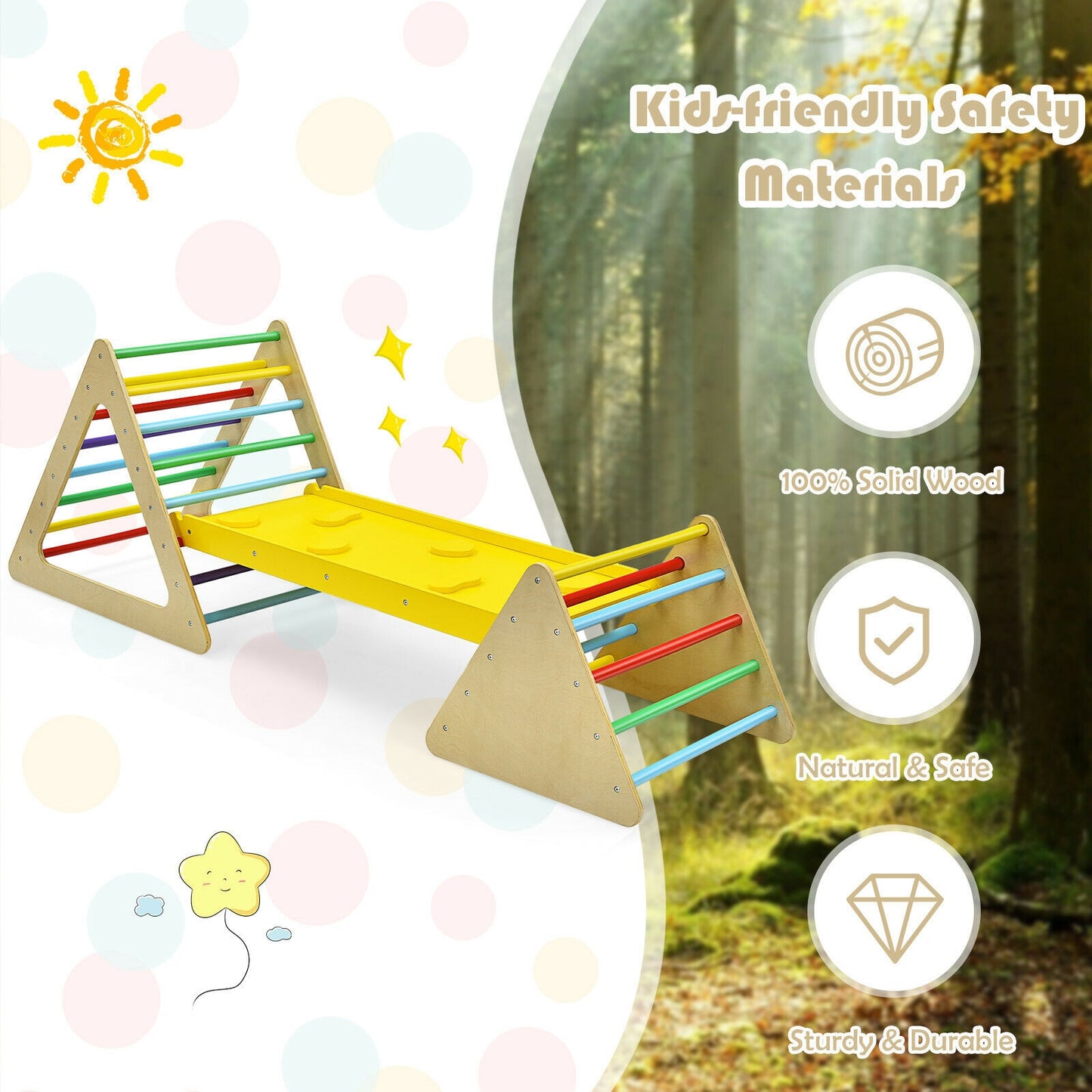 3 in 1 Wooden Set of 2 Triangle Climber with Ramp for Slid Kids Crystal