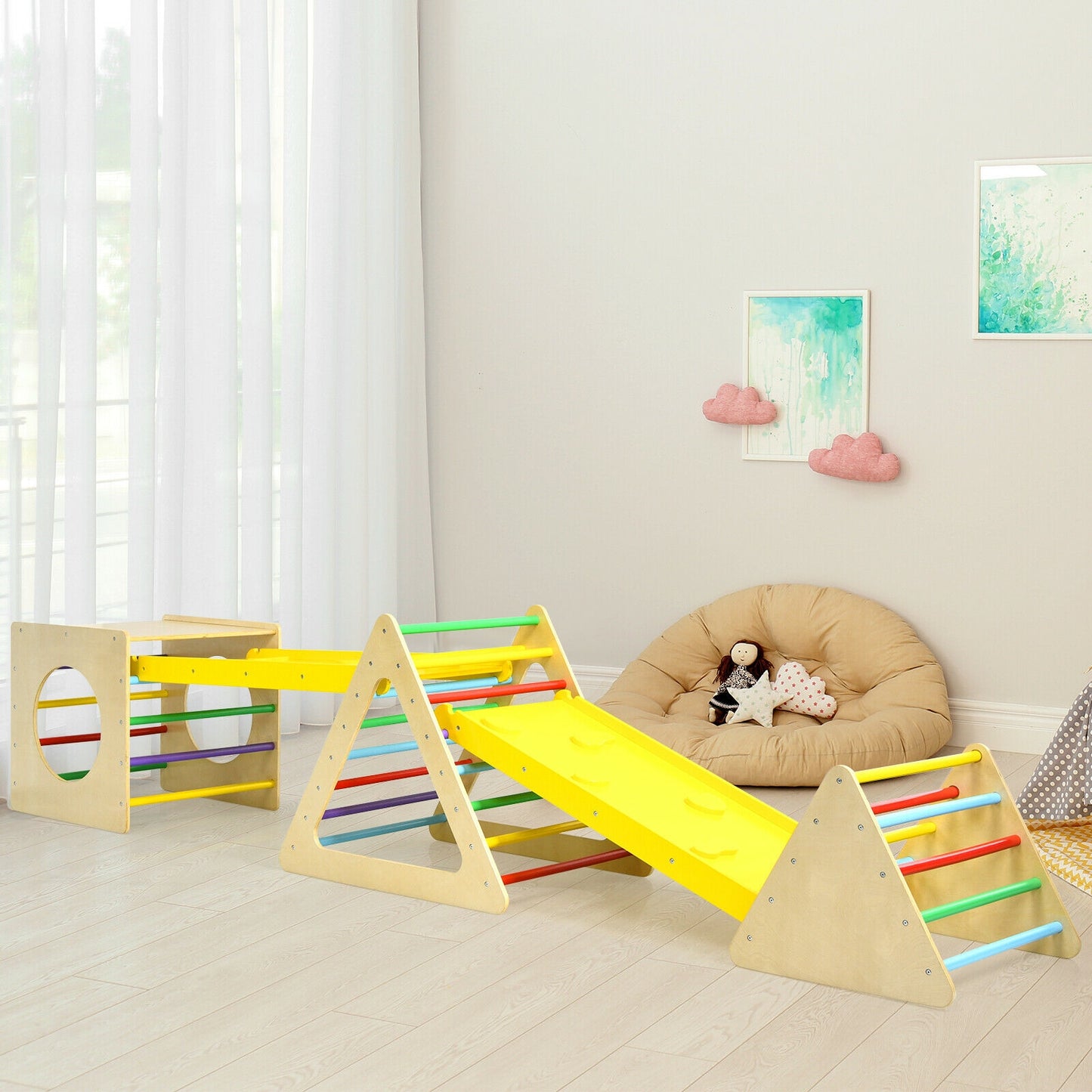 5 in 1 Kids Triangle Climber Play Gym Set with 2 Ramps Kids Crystal
