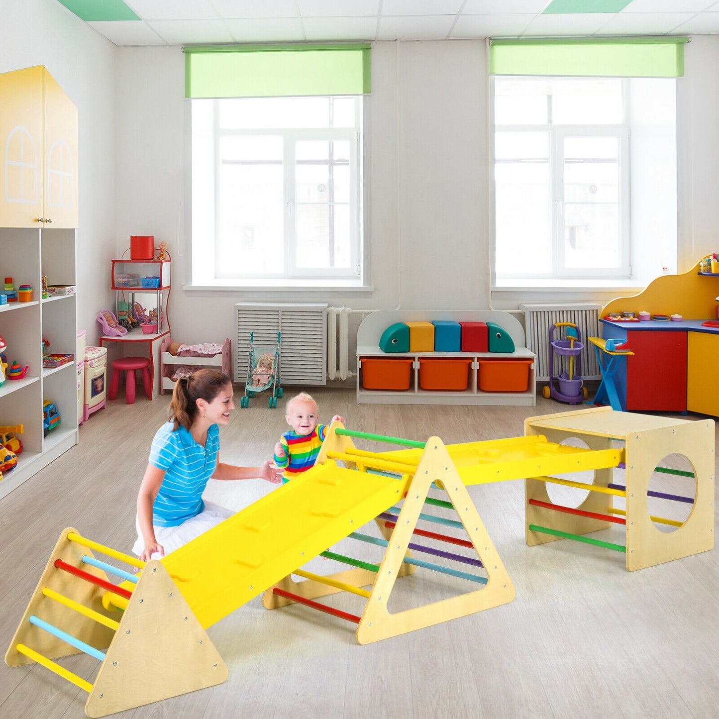 5 in 1 Kids Triangle Climber Play Gym Set with 2 Ramps Kids Crystal