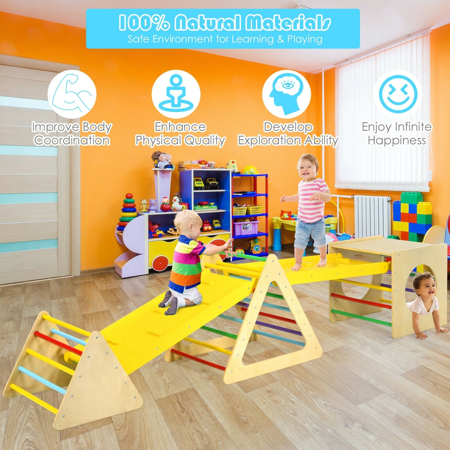 5 in 1 Kids Triangle Climber Play Gym Set with 2 Ramps Kids Crystal