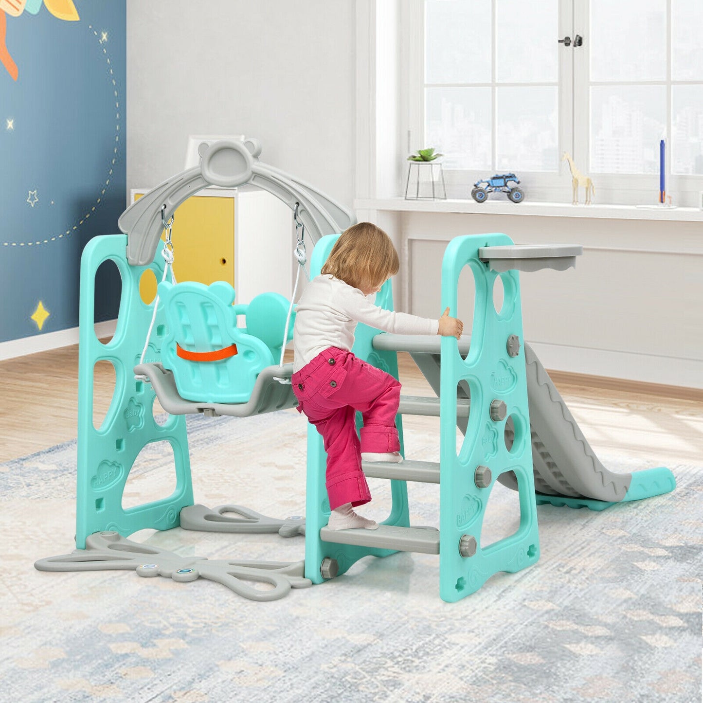 3 in 1 Toddler Climber and Swing Set Slide Playset-Green Kids Crystal
