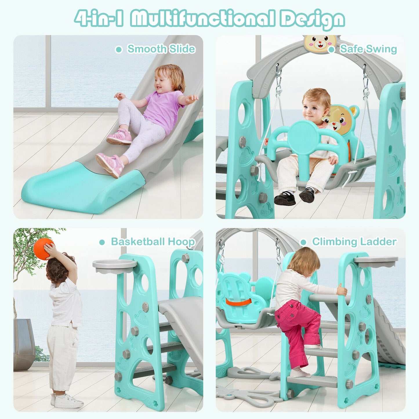3 in 1 Toddler Climber and Swing Set Slide Playset-Green Kids Crystal