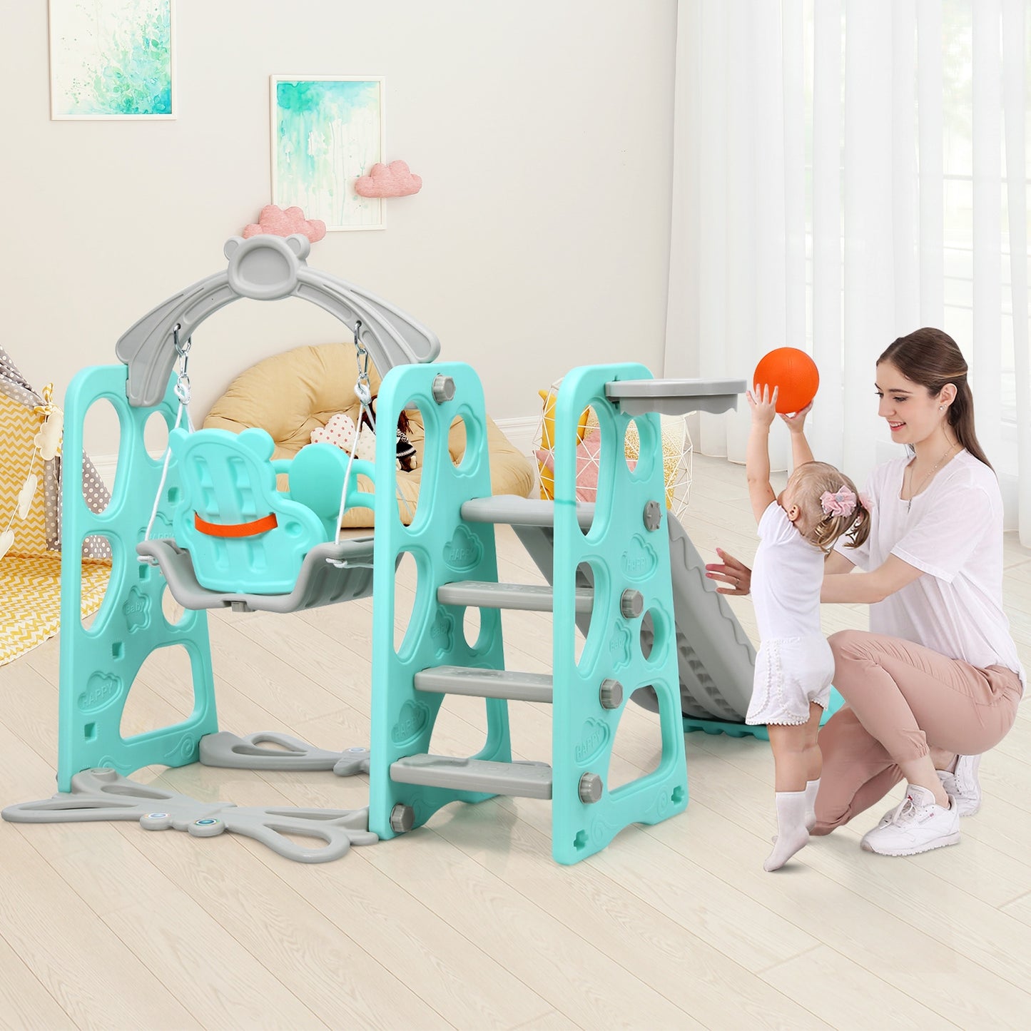3 in 1 Toddler Climber and Swing Set Slide Playset-Green Kids Crystal