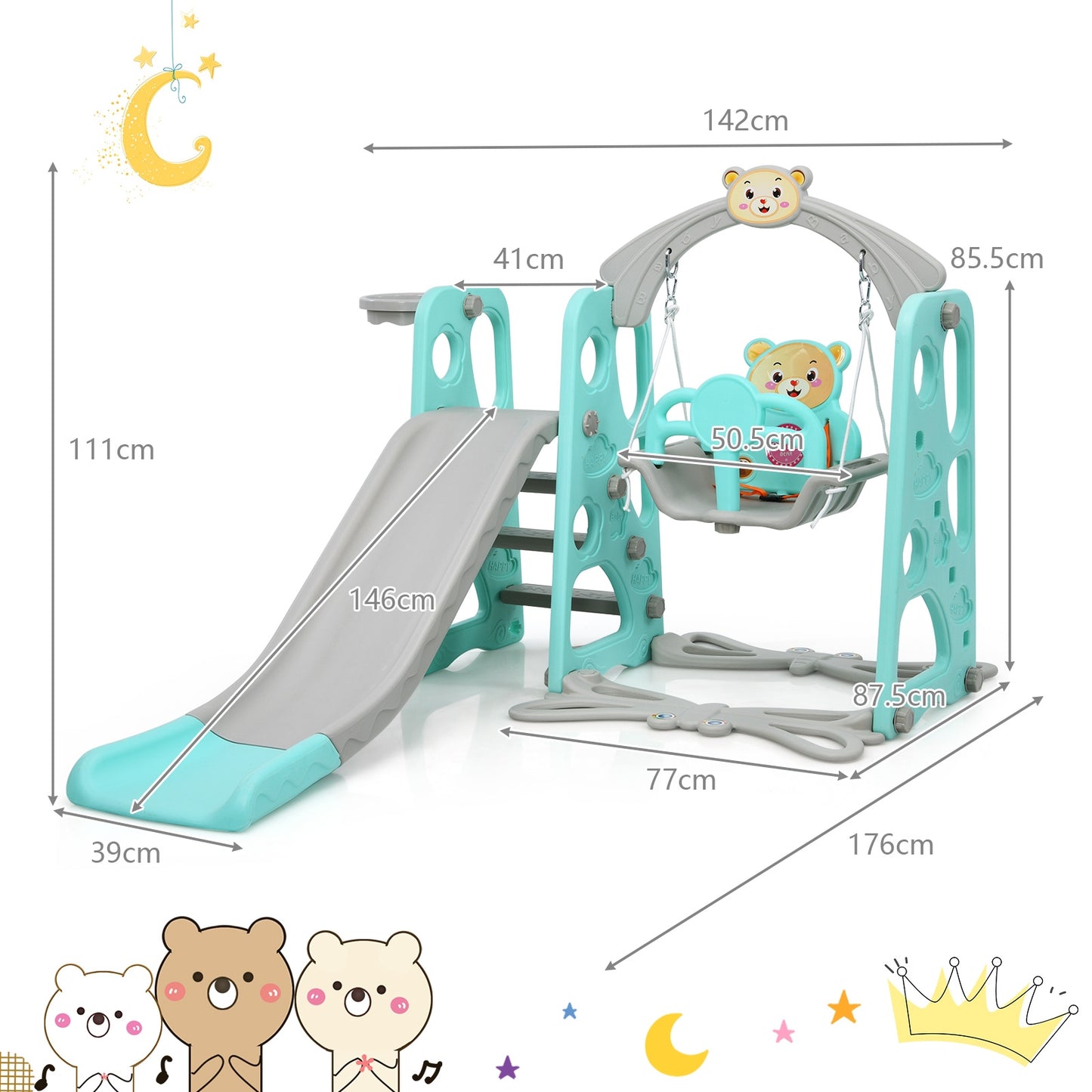 3 in 1 Toddler Climber and Swing Set Slide Playset-Green Kids Crystal