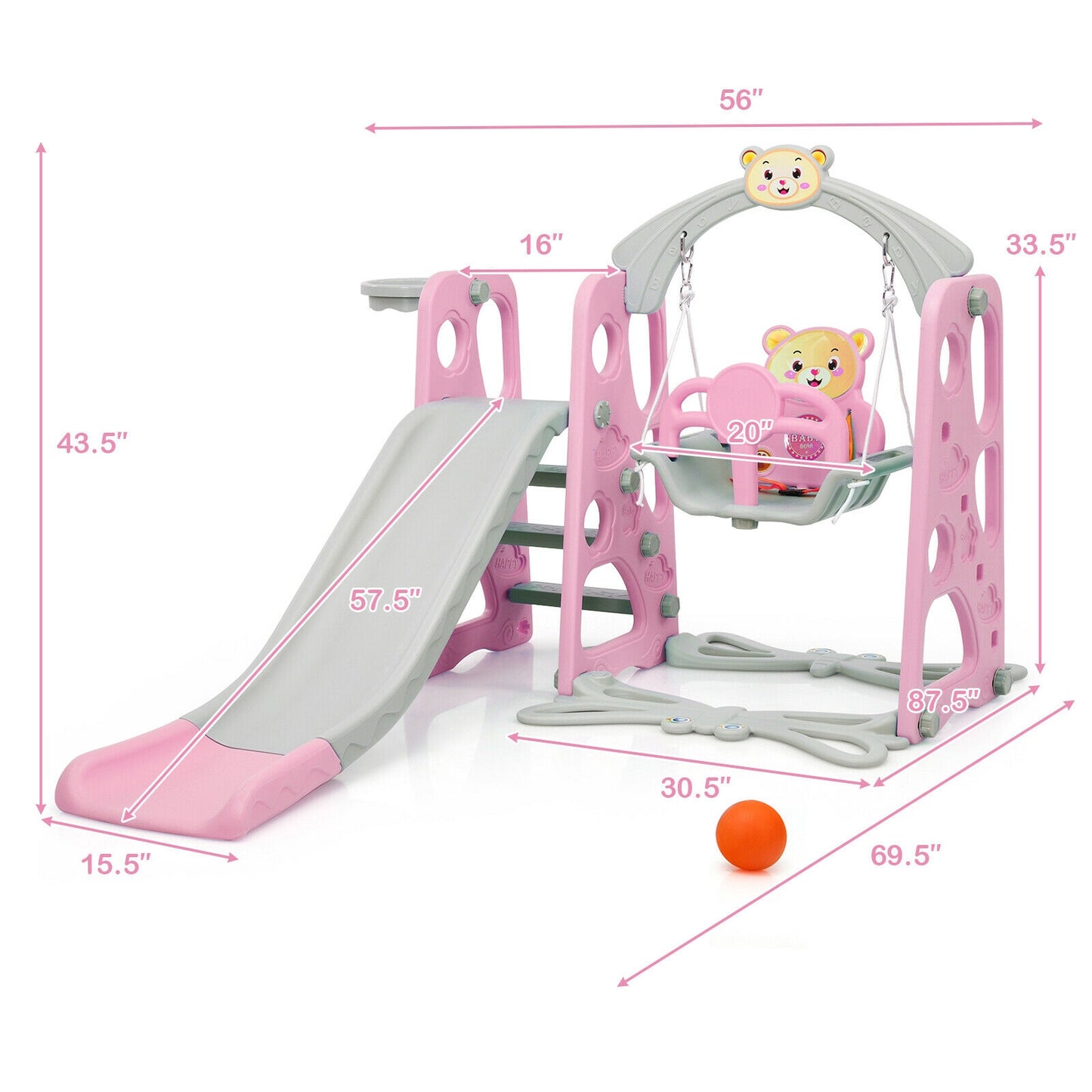 3 in 1 Toddler Climber and Swing Set Slide Playset-Pink Kids Crystal