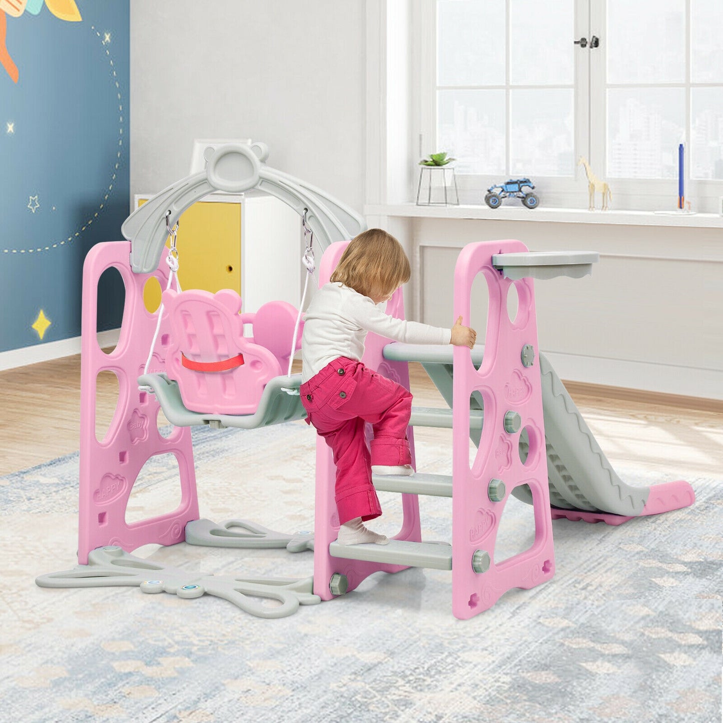 3 in 1 Toddler Climber and Swing Set Slide Playset-Pink Kids Crystal