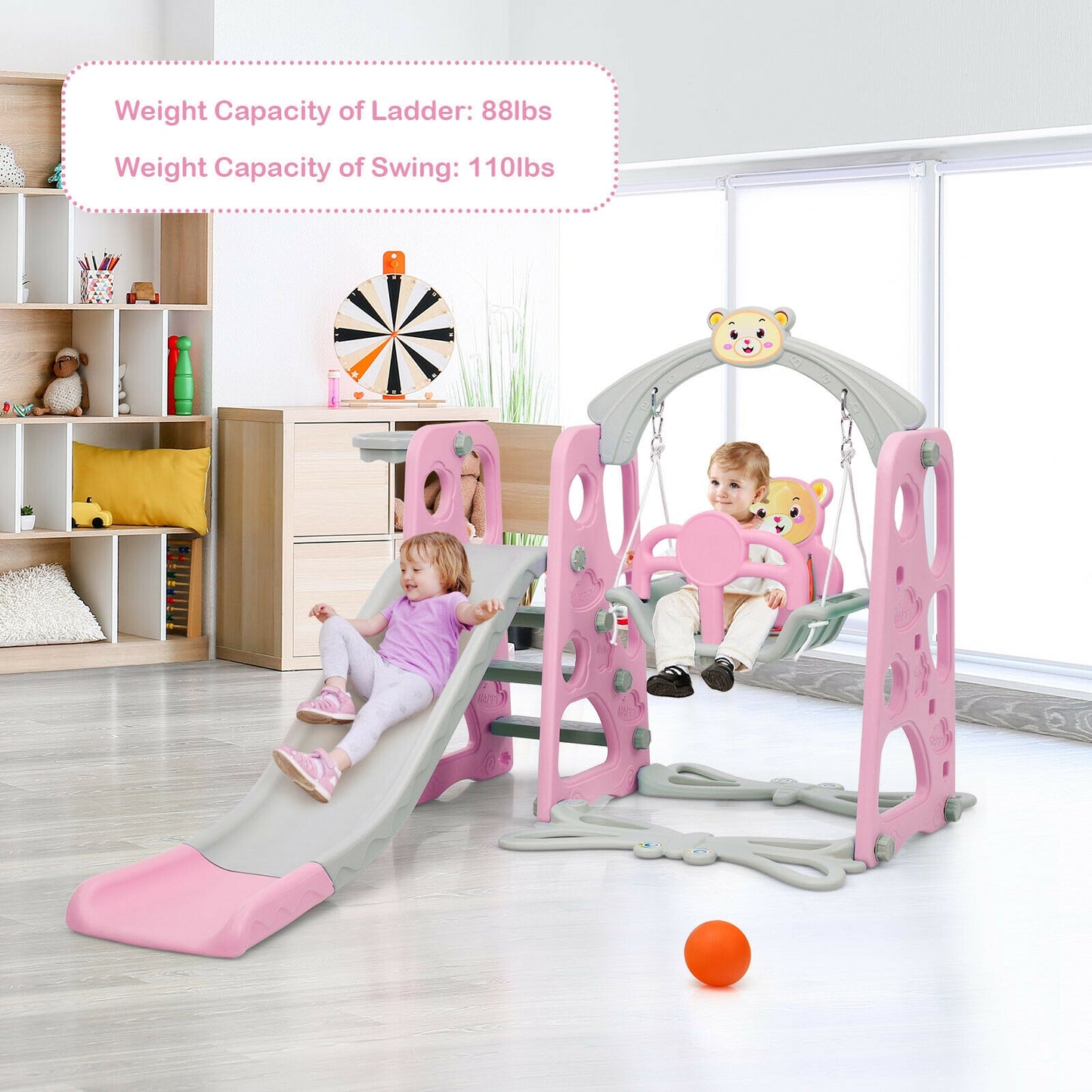 3 in 1 Toddler Climber and Swing Set Slide Playset-Pink Kids Crystal