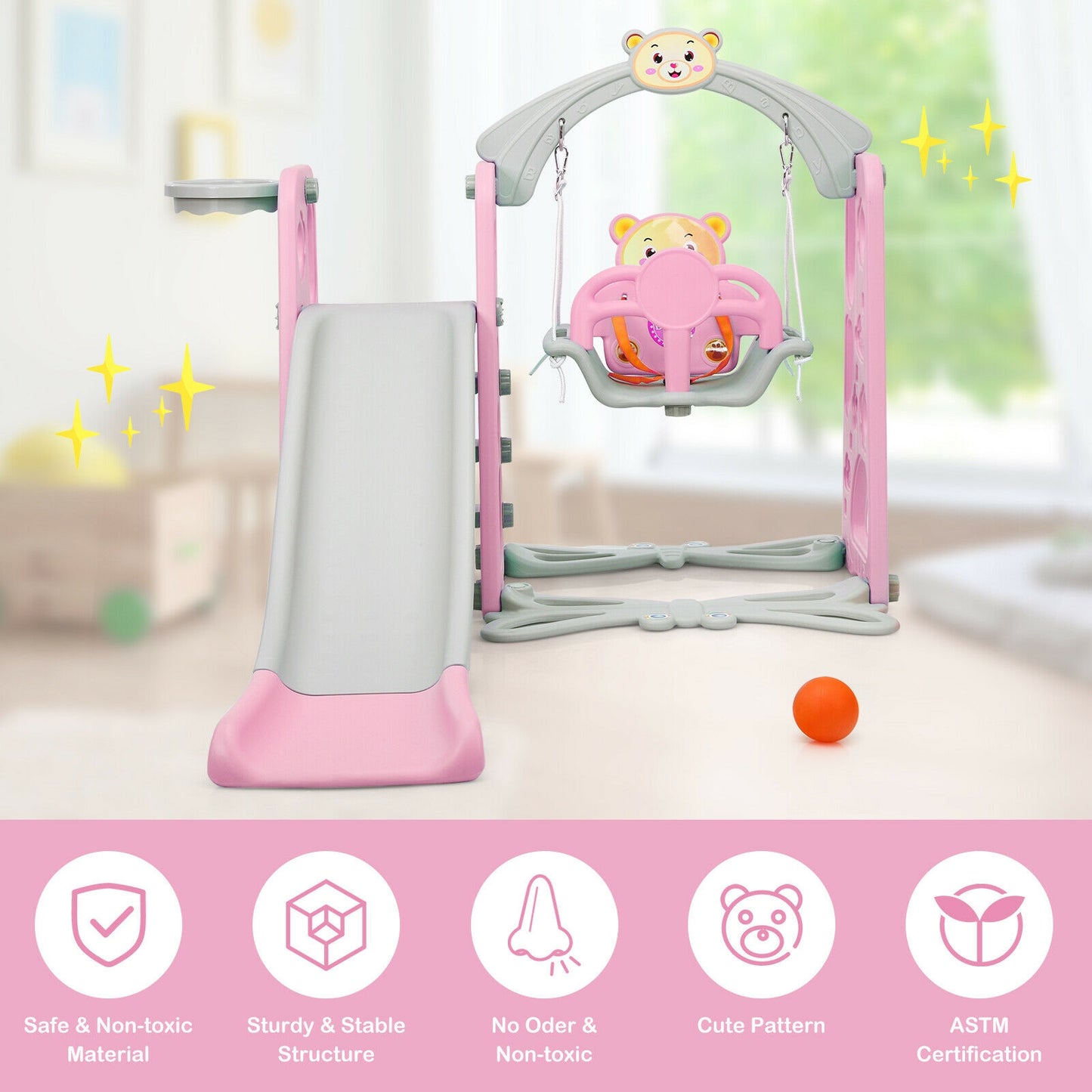 3 in 1 Toddler Climber and Swing Set Slide Playset-Pink Kids Crystal