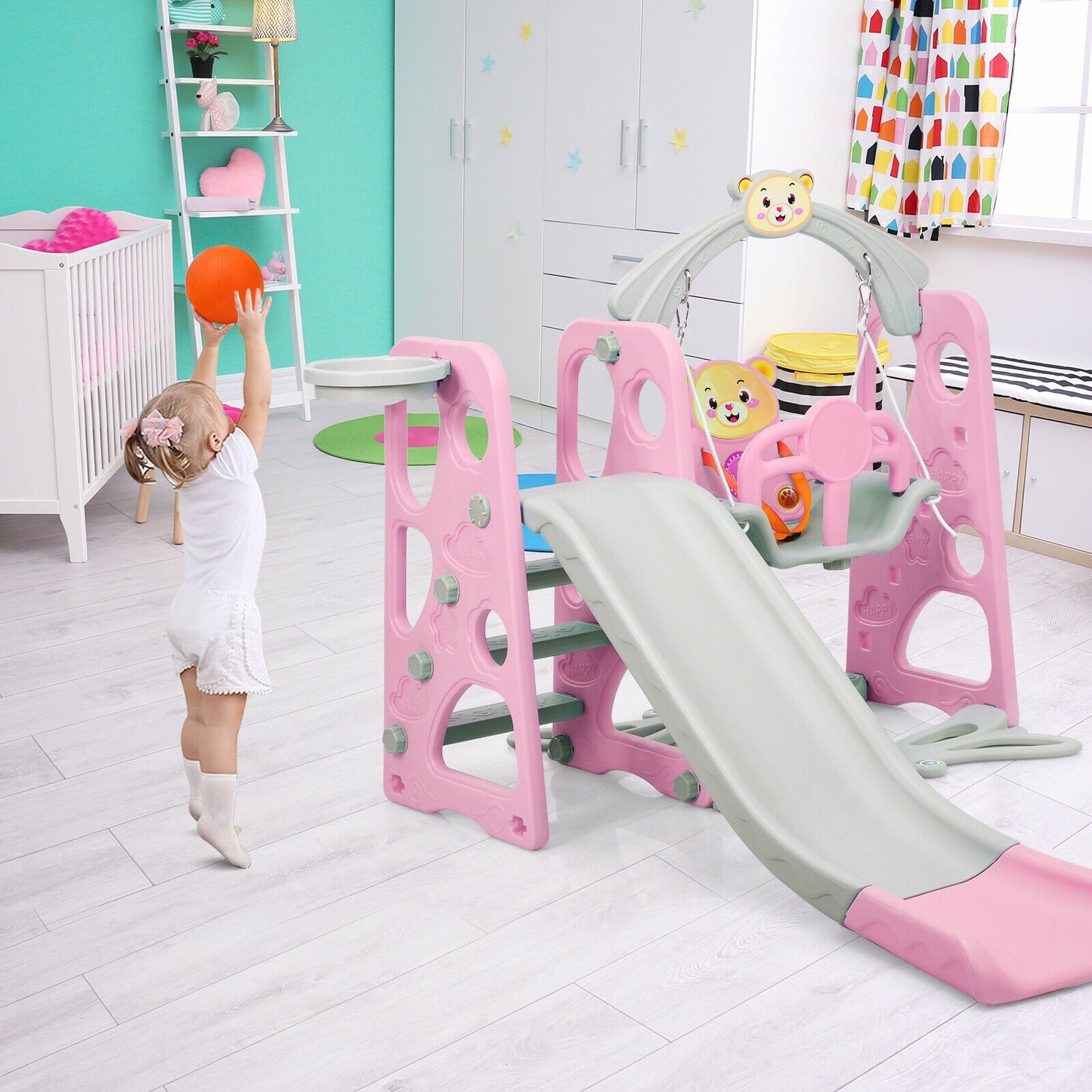 3 in 1 Toddler Climber and Swing Set Slide Playset-Pink Kids Crystal