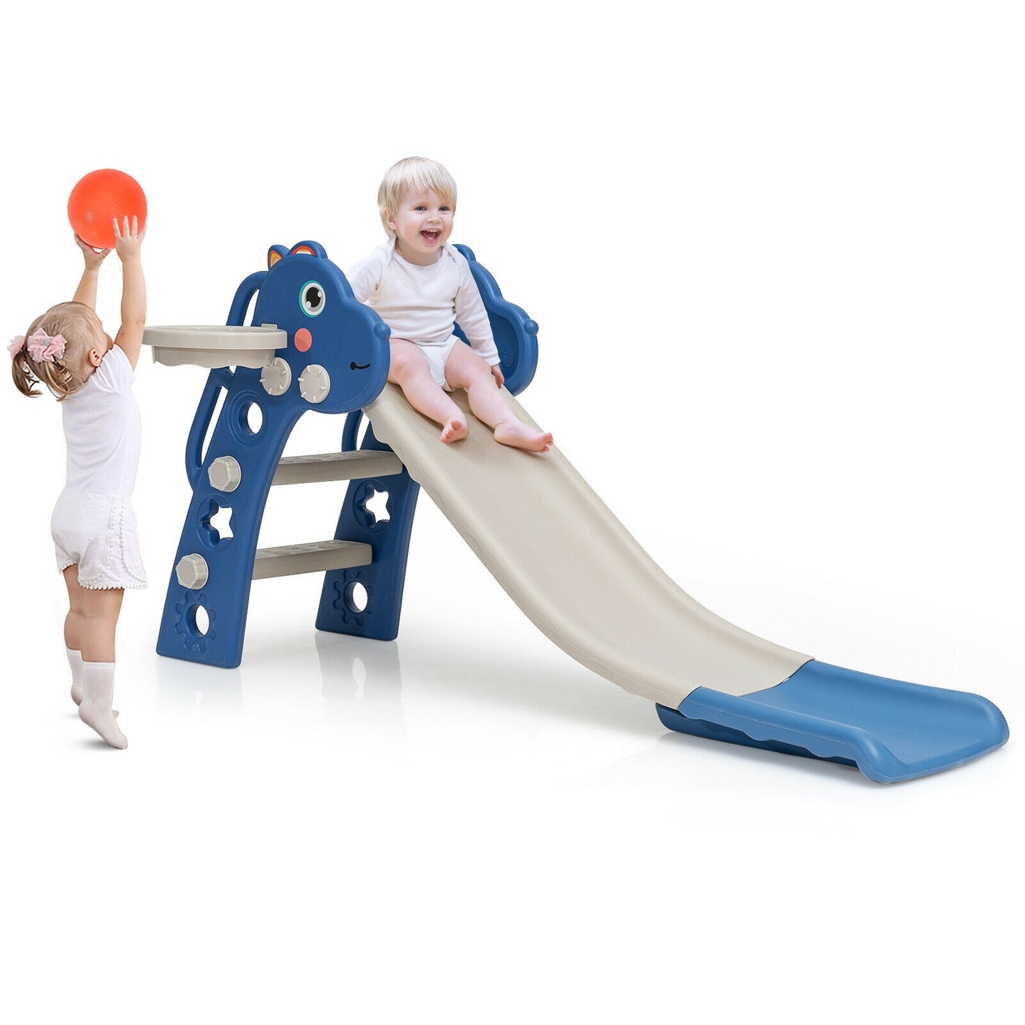3-in-1 Kids Slide Baby Play Climber Slide Set with Basketball Hoop -Blue Kids Crystal