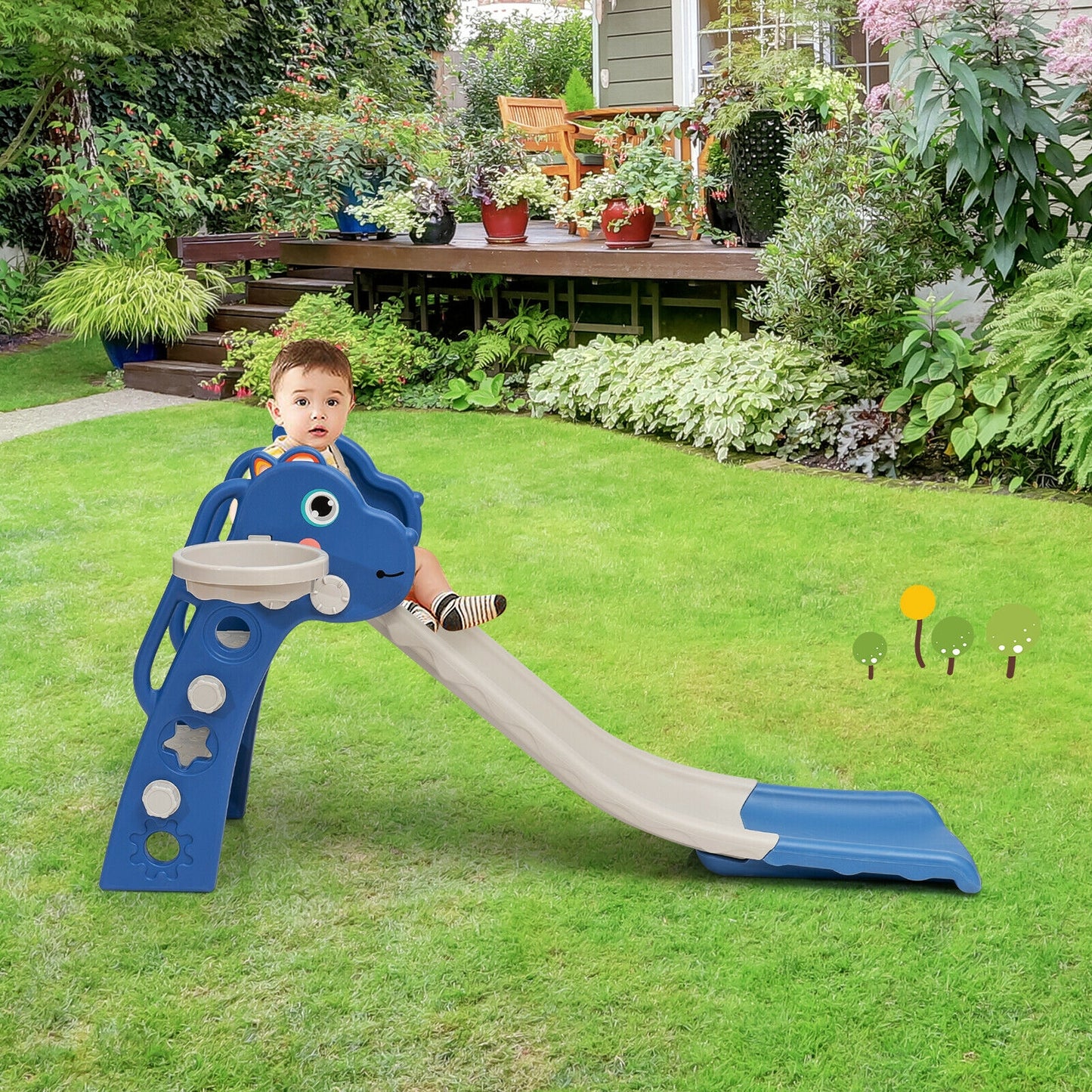 3-in-1 Kids Slide Baby Play Climber Slide Set with Basketball Hoop -Blue Kids Crystal