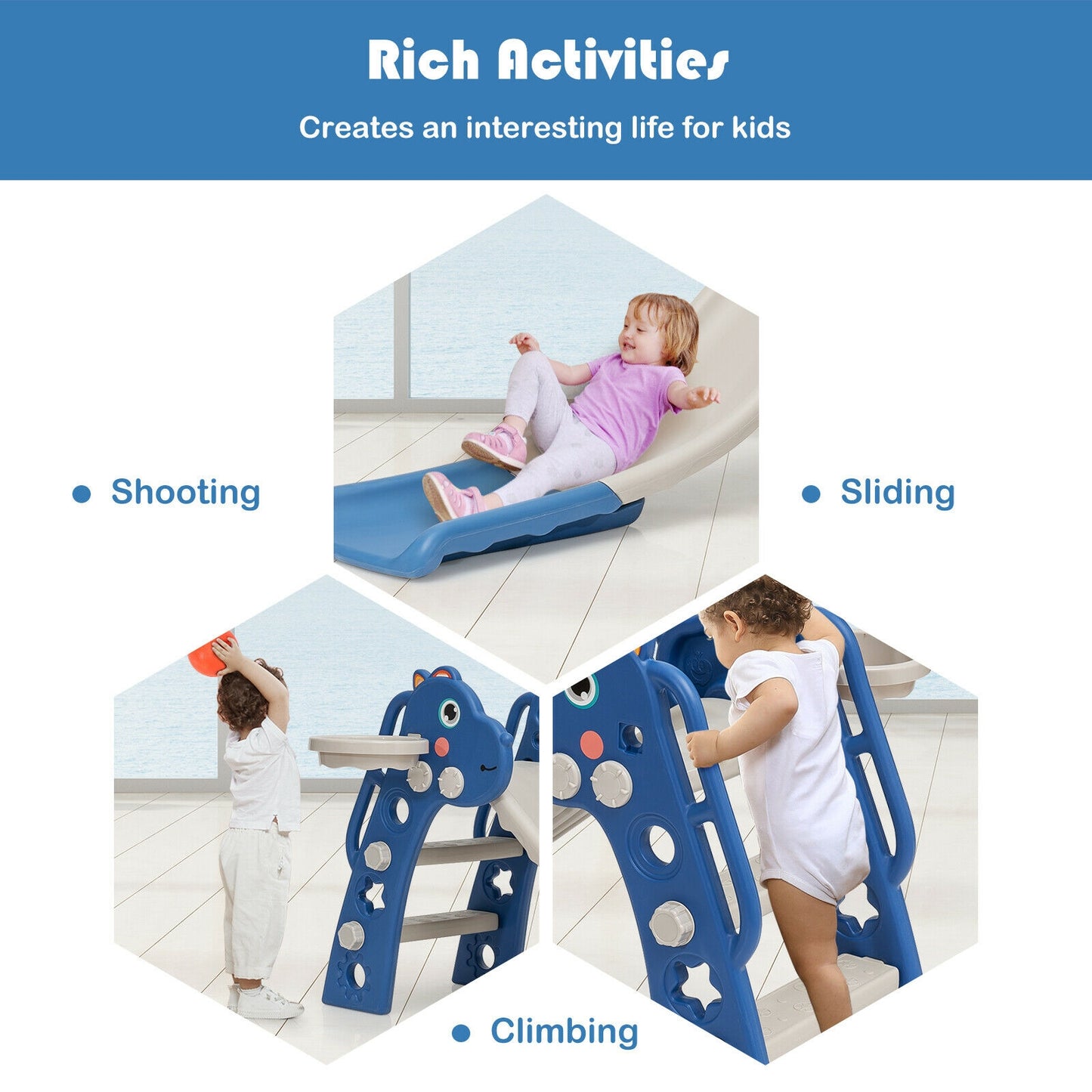 3-in-1 Kids Slide Baby Play Climber Slide Set with Basketball Hoop -Blue Kids Crystal