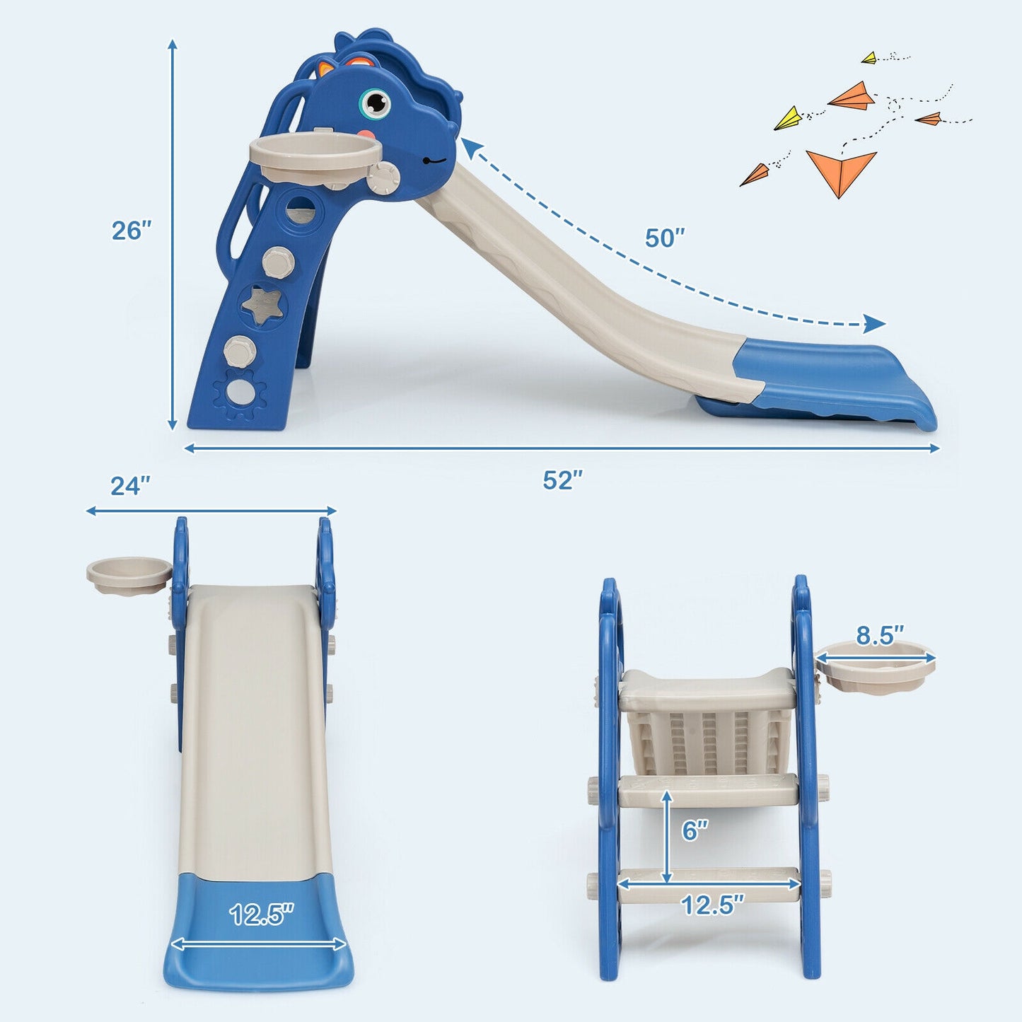 3-in-1 Kids Slide Baby Play Climber Slide Set with Basketball Hoop -Blue Kids Crystal