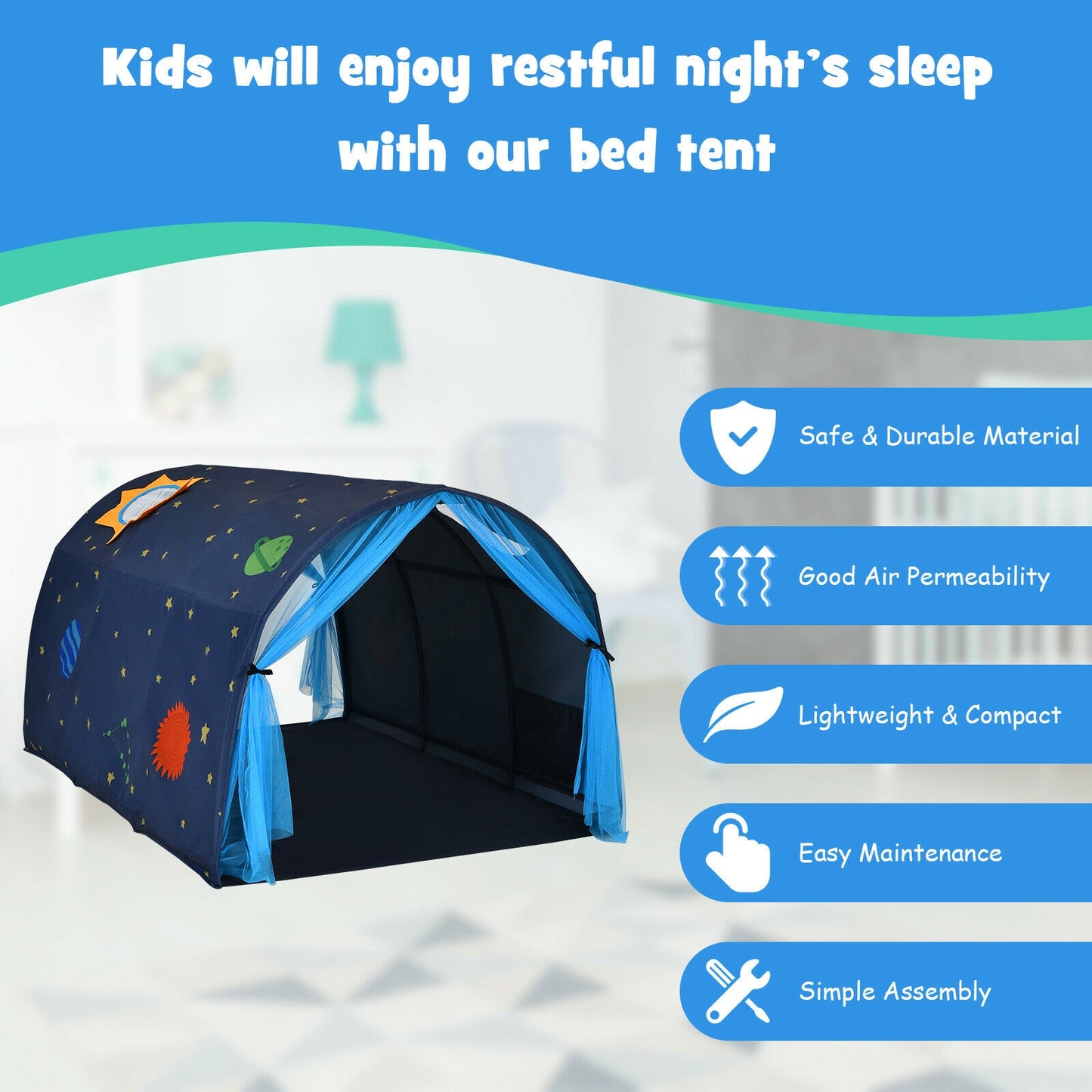Kids Galaxy Starry Sky Dream Portable Play Tent with Double Net Curtain-Blue Kids Crystal