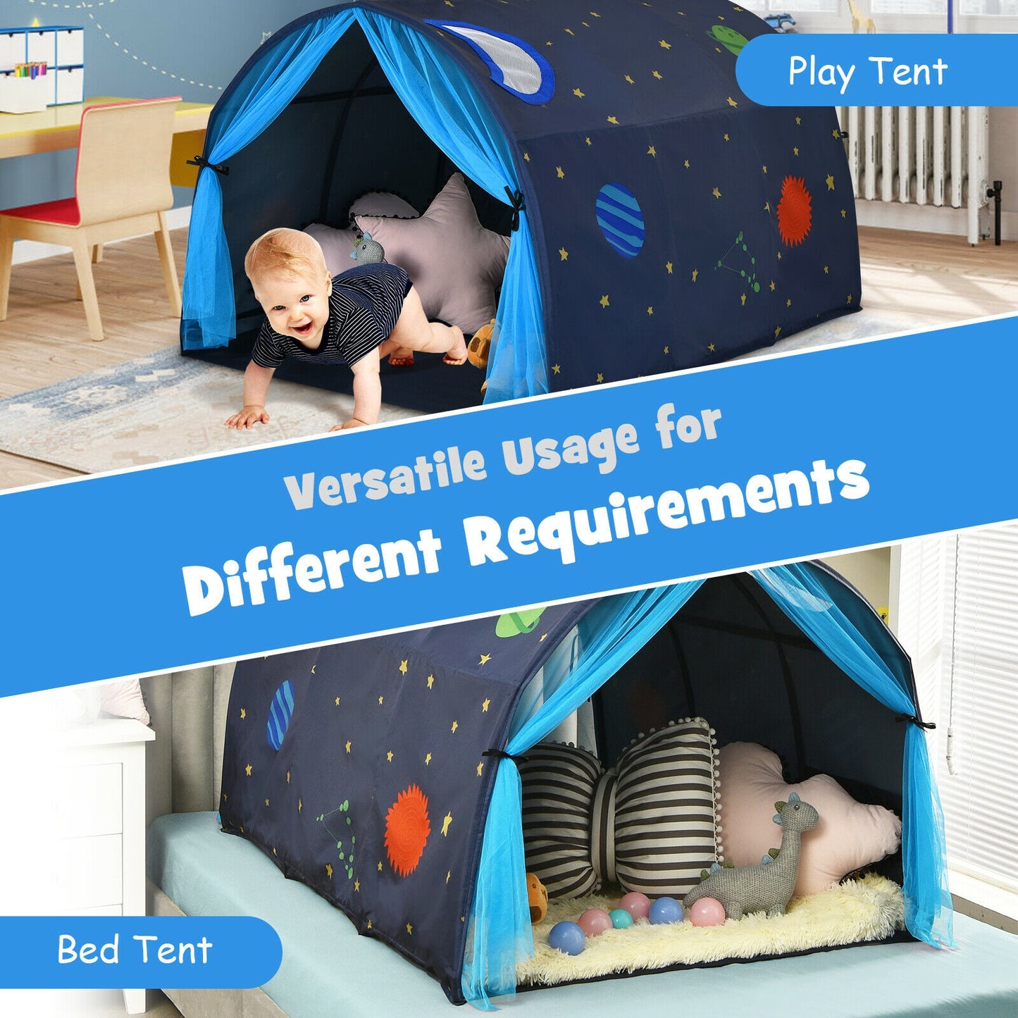 Kids Galaxy Starry Sky Dream Portable Play Tent with Double Net Curtain-Blue Kids Crystal