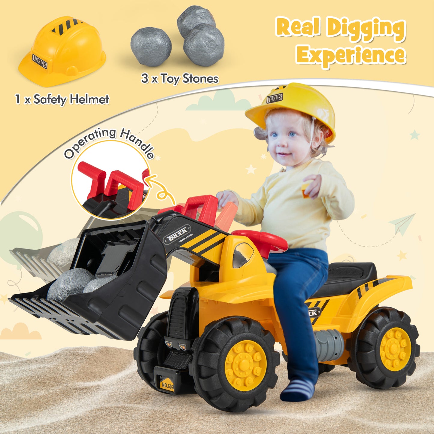 Kids Ride On Bulldozer Toy Play Truck with Adjustable Bucket Aged 3+ Years Old Kids Crystal