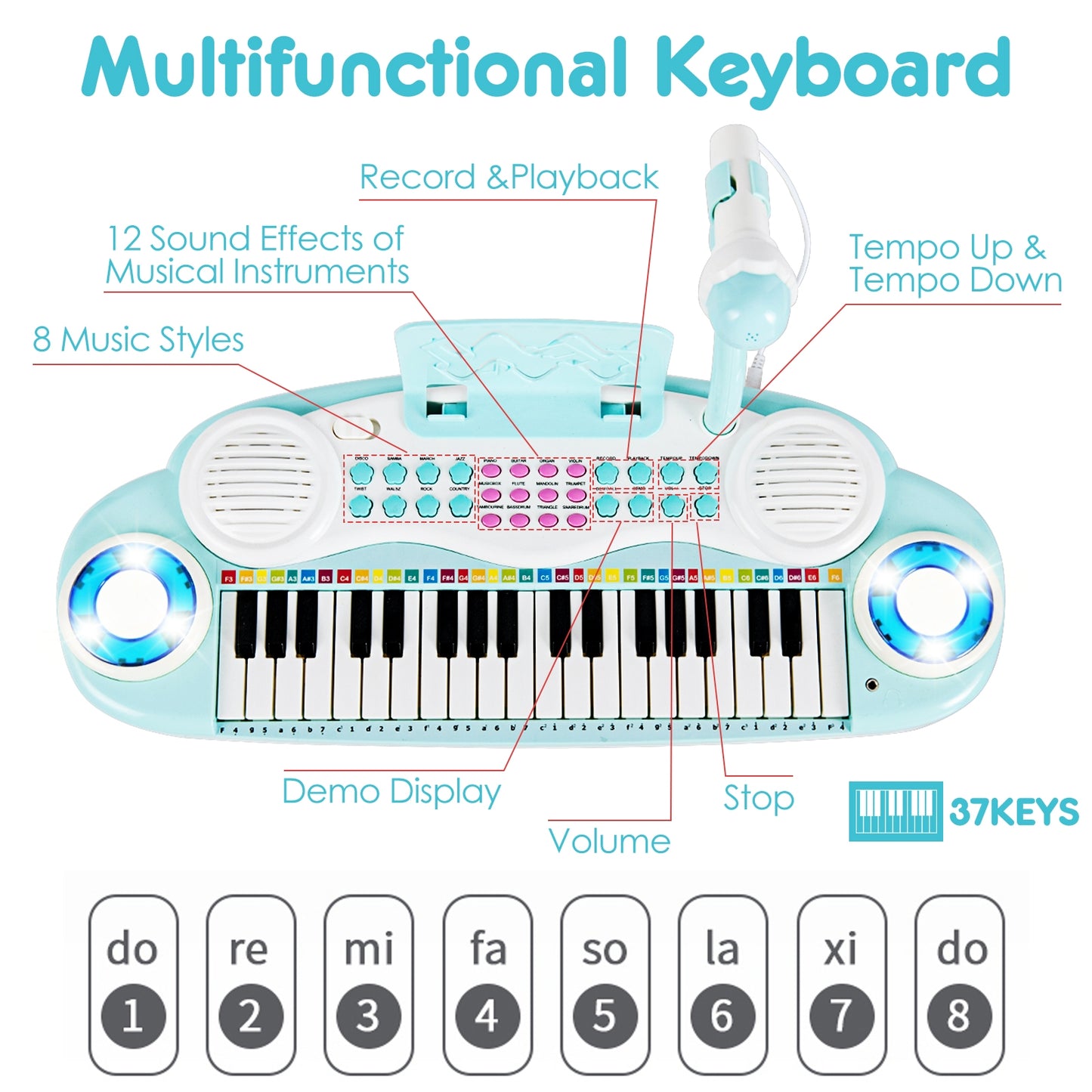 37-key Kids Electronic Piano Keyboard Playset-Blue Kids Crystal