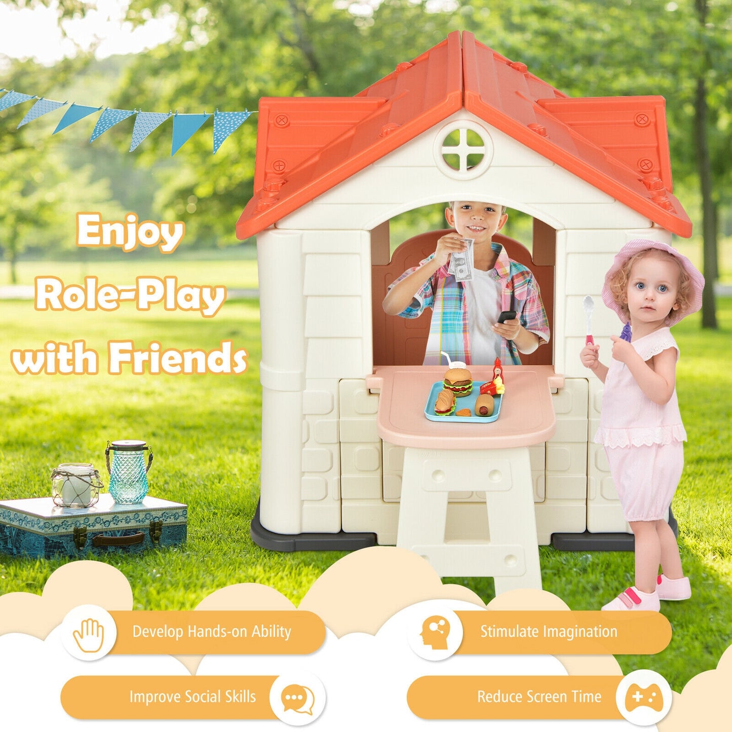 Kid’s Playhouse Pretend Toy House For Boys and Girls 7 Pieces Toy Set-Pink Kids Crystal