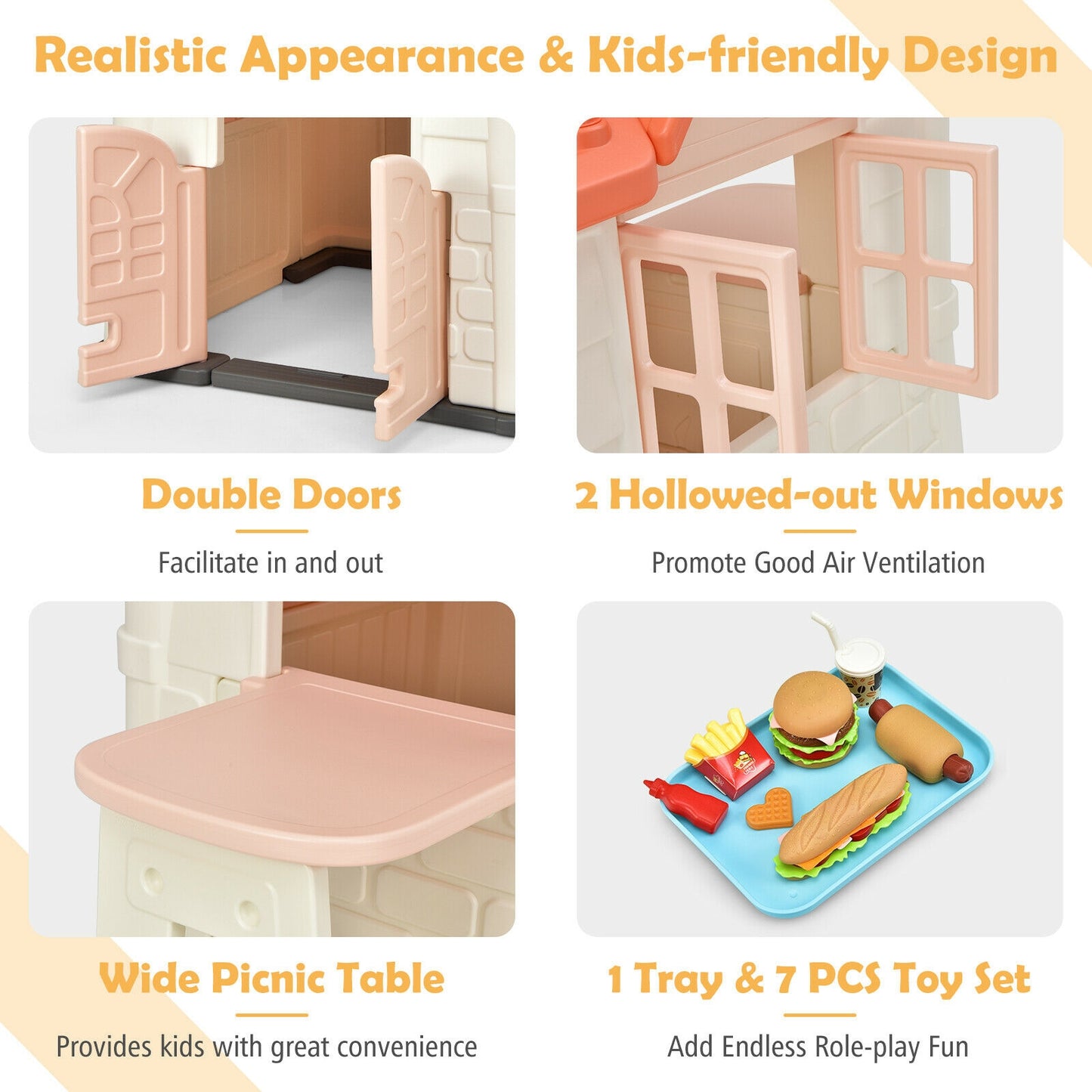 Kid’s Playhouse Pretend Toy House For Boys and Girls 7 Pieces Toy Set-Pink Kids Crystal