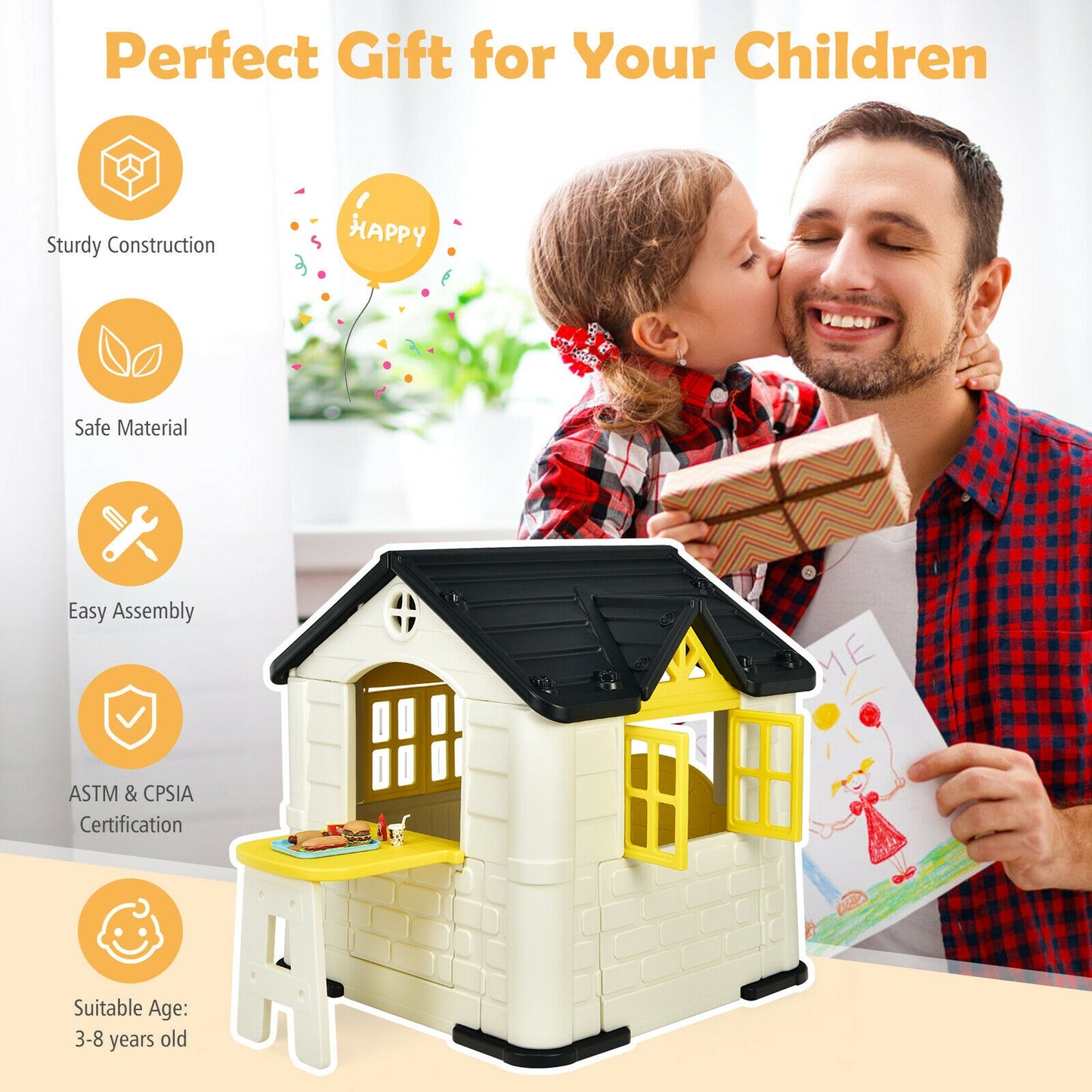 Kid’s Playhouse Pretend Toy House For Boys and Girls 7 Pieces Toy Set-Yellow Kids Crystal