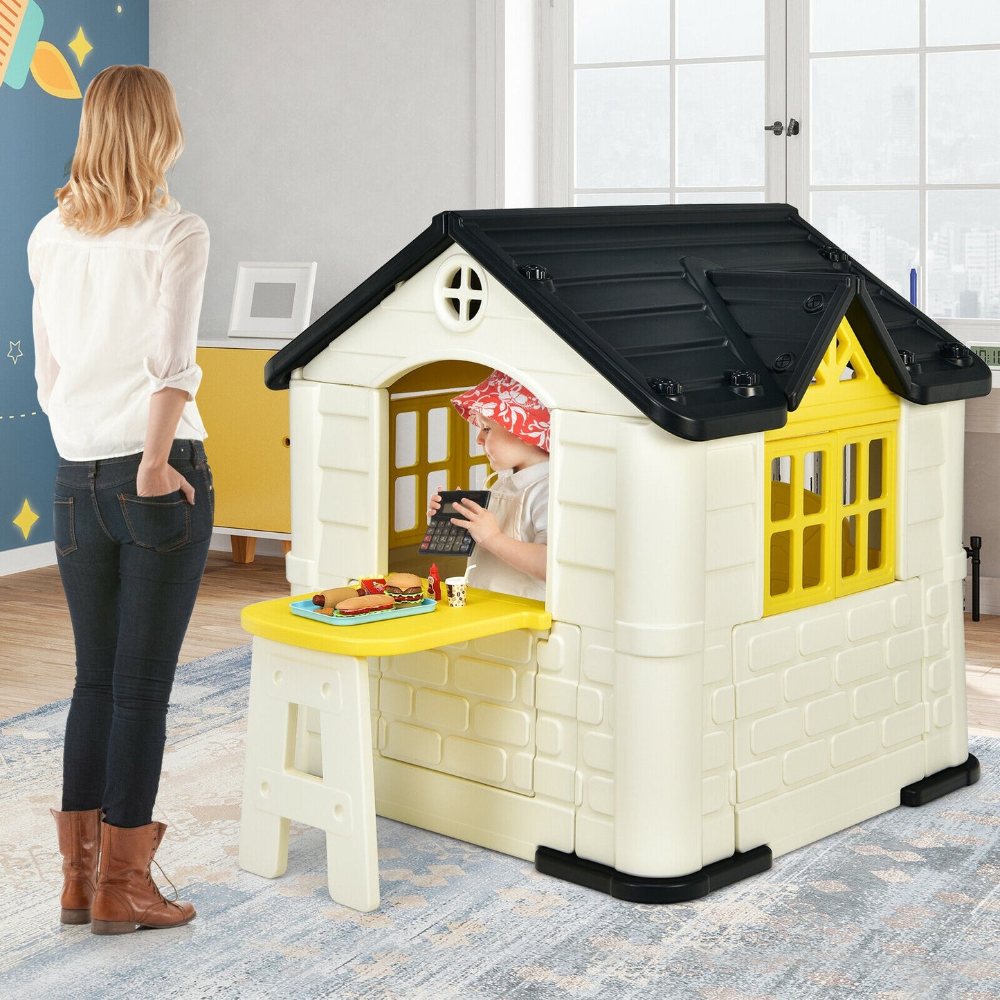 Kid’s Playhouse Pretend Toy House For Boys and Girls 7 Pieces Toy Set-Yellow Kids Crystal
