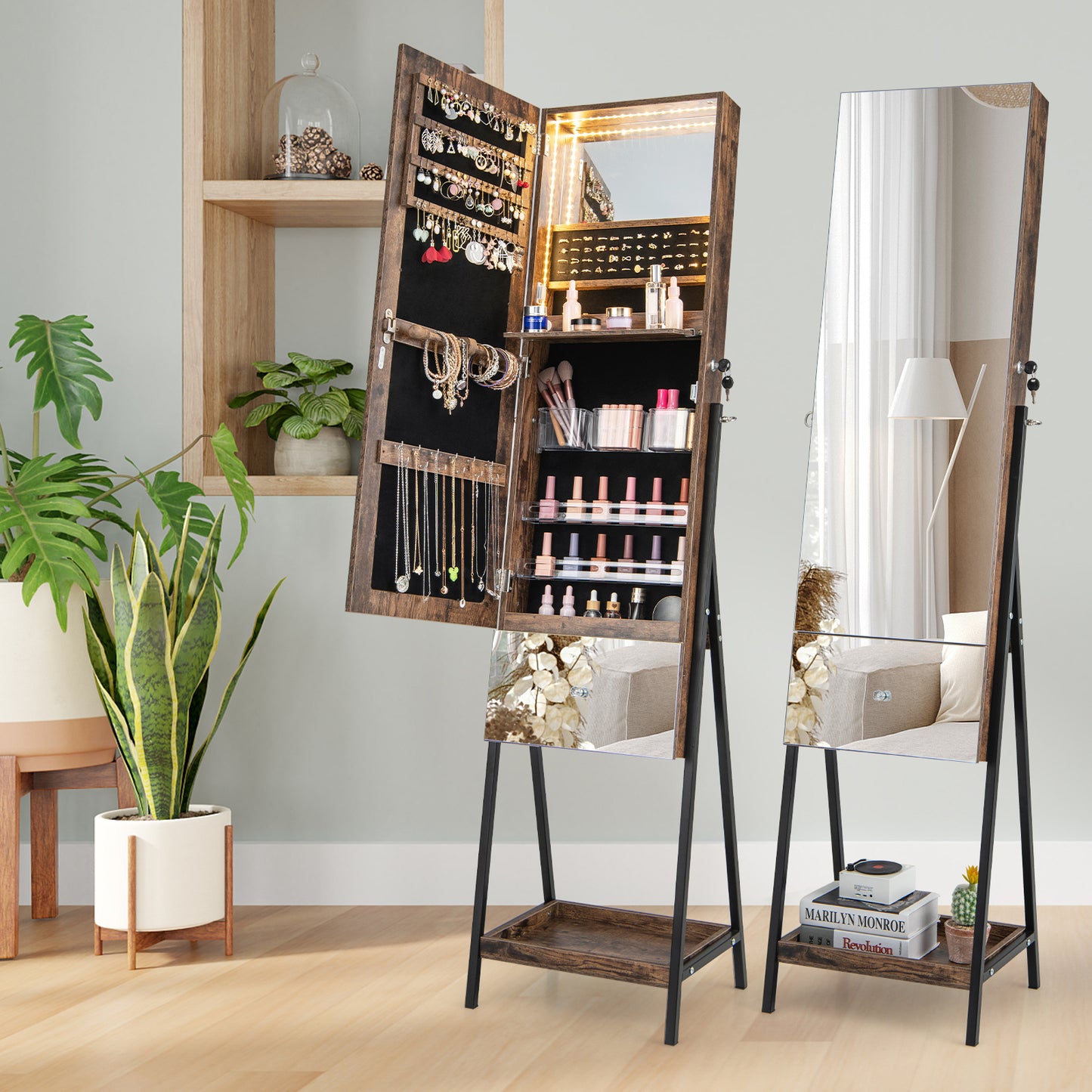 Lockable Freestanding Jewelry Organizer with Full-Length Frameless Mirror-Rustic Brown Kids Crystal