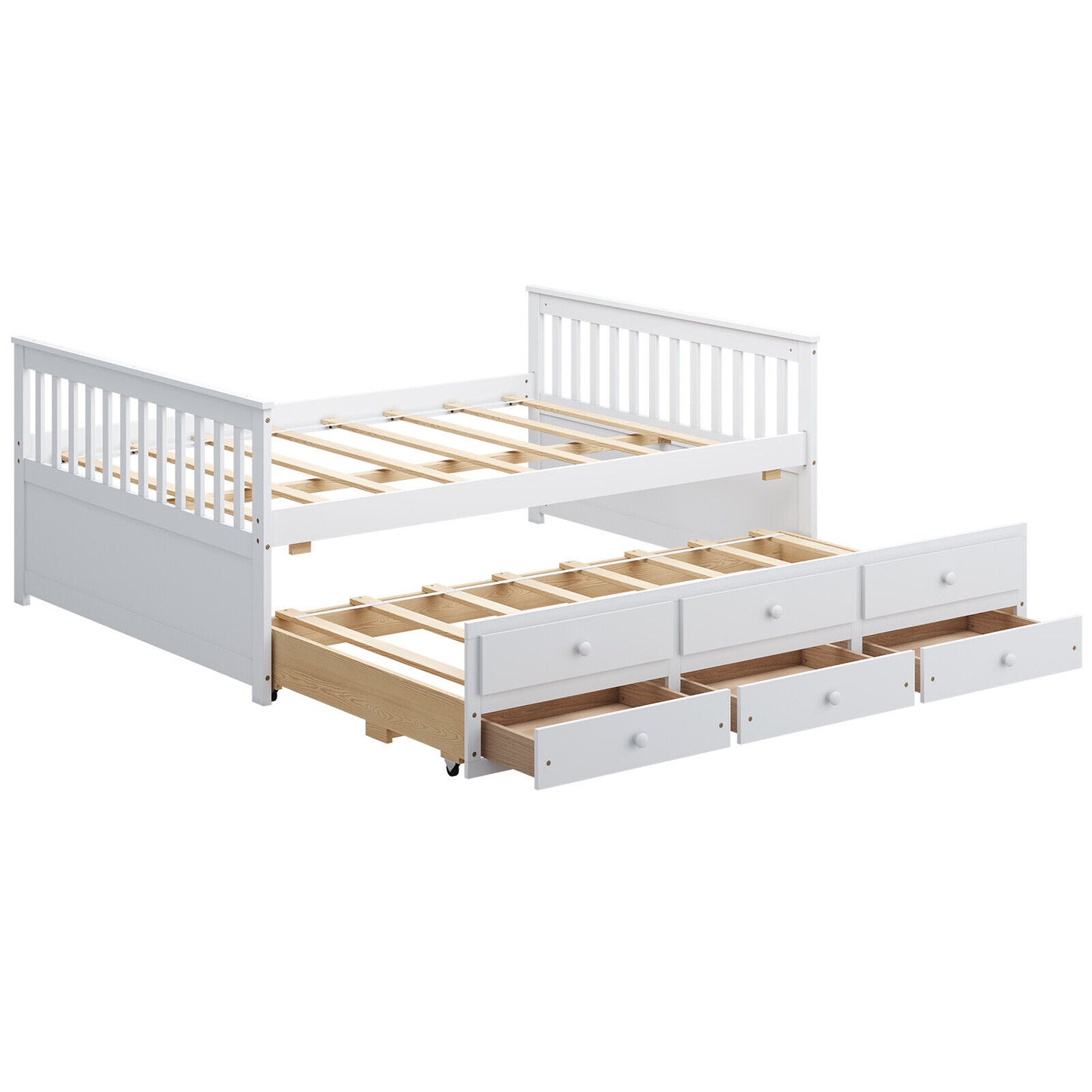 Full Size Wood Daybed Frame with Trundle Bed and 3 Storage Drawers-White Kids Crystal