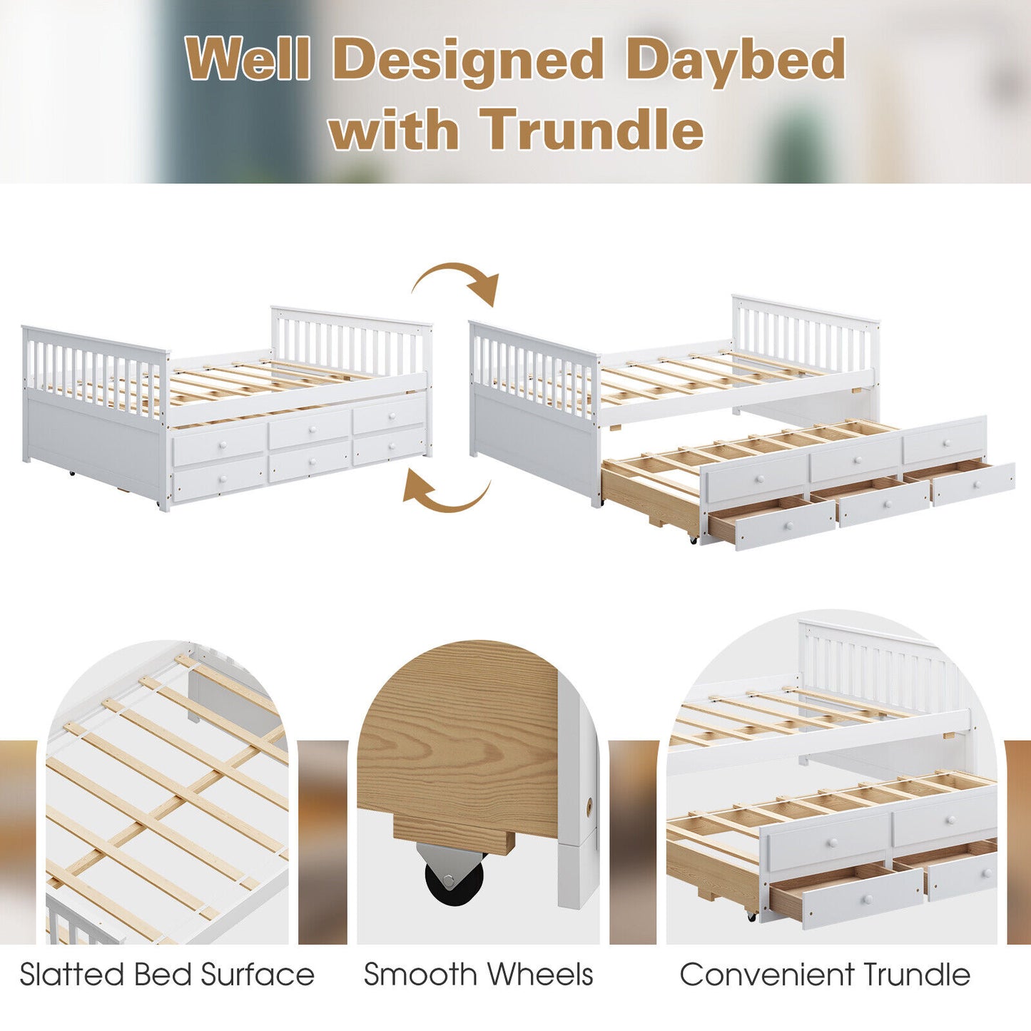 Full Size Wood Daybed Frame with Trundle Bed and 3 Storage Drawers-White Kids Crystal