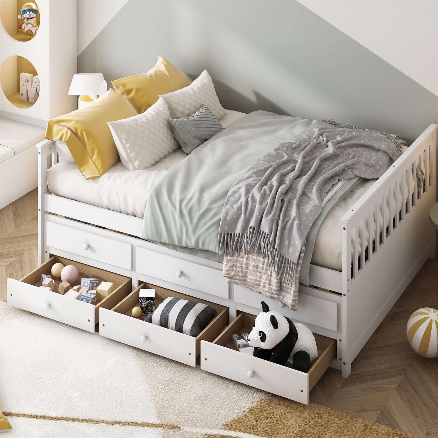 Full Size Wood Daybed Frame with Trundle Bed and 3 Storage Drawers-White Kids Crystal