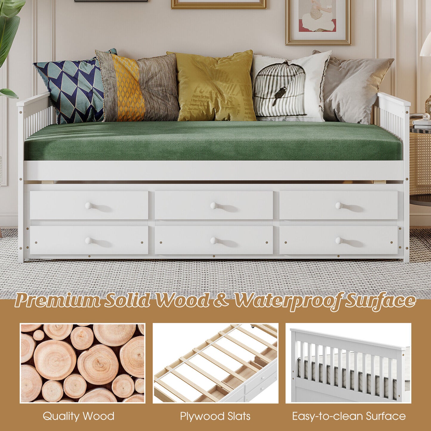 Full Size Wood Daybed Frame with Trundle Bed and 3 Storage Drawers-White Kids Crystal