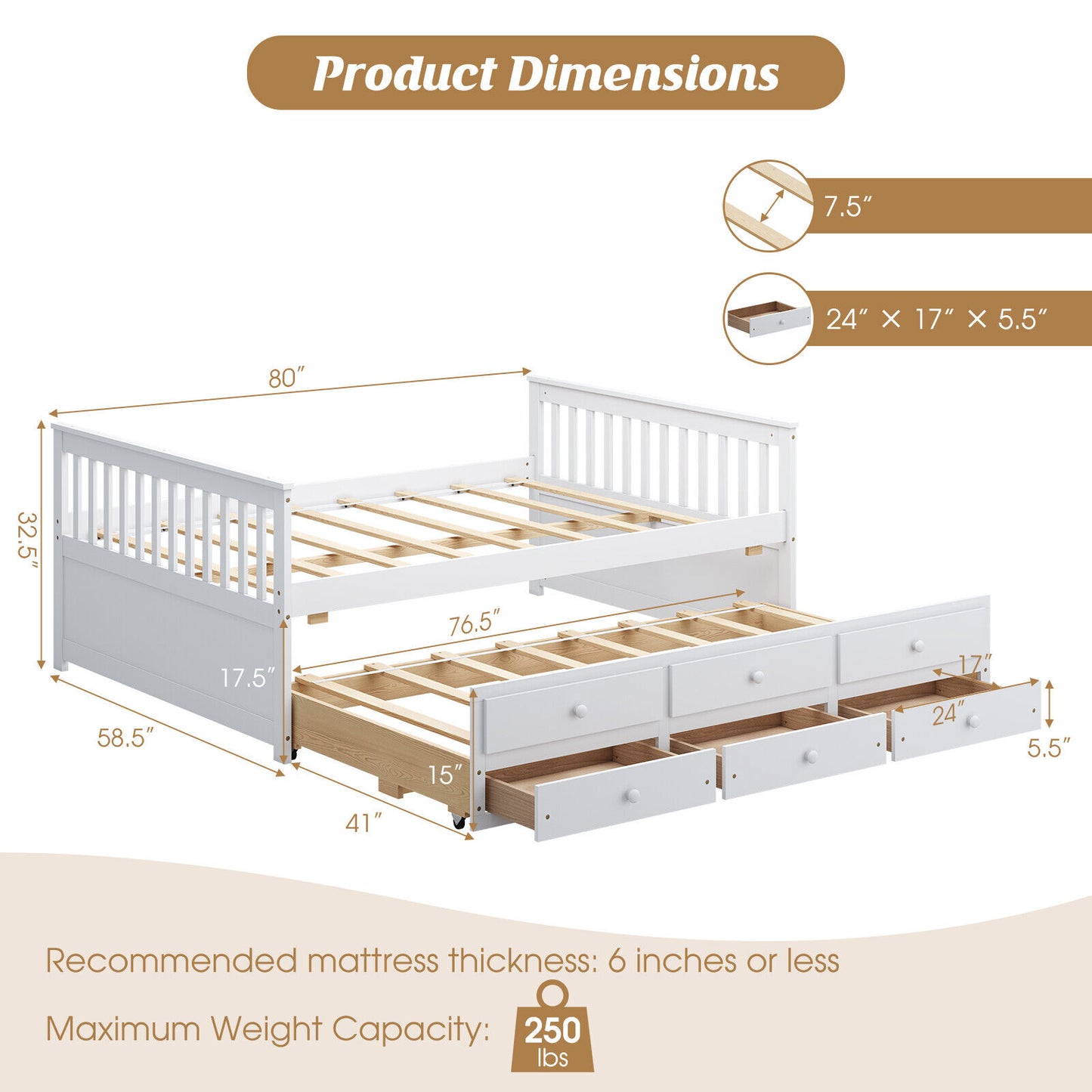 Full Size Wood Daybed Frame with Trundle Bed and 3 Storage Drawers-White Kids Crystal