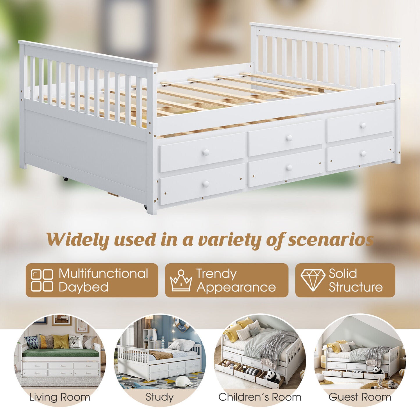 Full Size Wood Daybed Frame with Trundle Bed and 3 Storage Drawers-White Kids Crystal