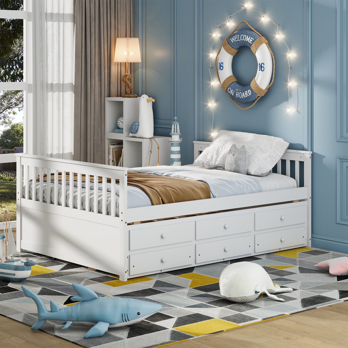 Full Size Wood Daybed Frame with Trundle Bed and 3 Storage Drawers-White Kids Crystal